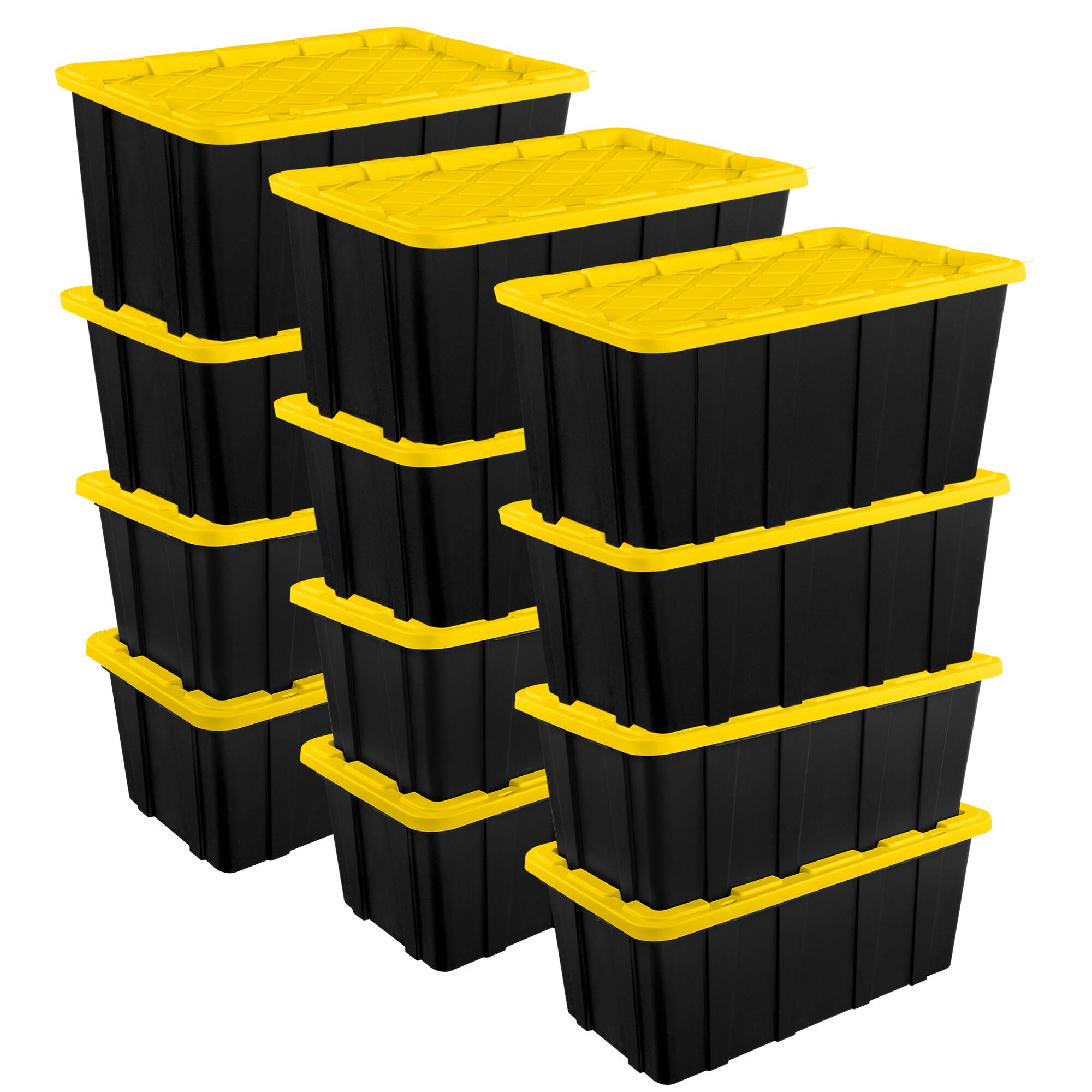 Front. Sterilite - Sterilite 38 Gallon Industrial Stackable Storage Tote Lidded Containers, 12 Pack - Yellow.