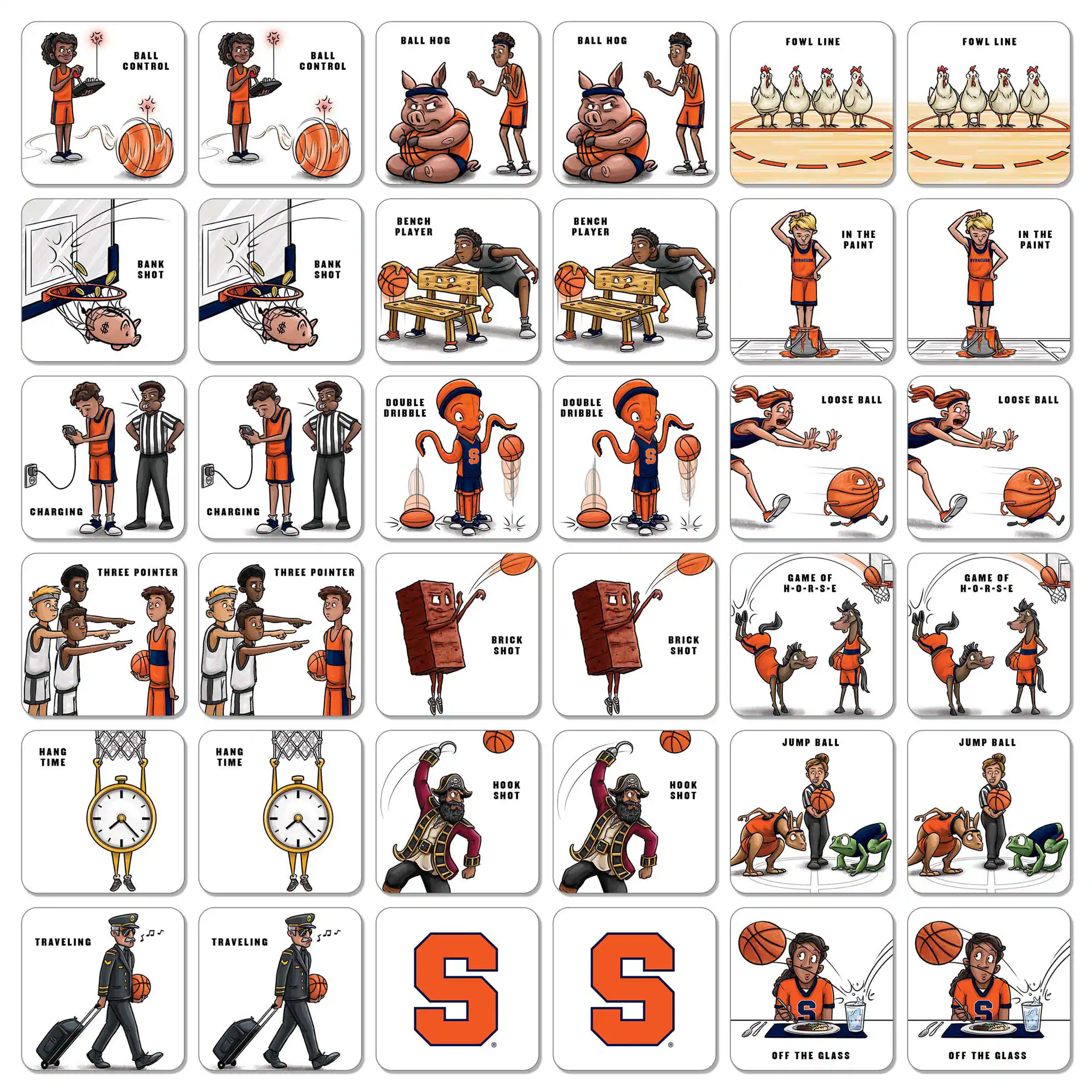 - Ball Control
- Ball Hog
- Foul Line
- Bench Player
- Bank Shot
- In the Paint
- Charging
- Double Dribble
- Loose Ball
- Three Pointer
- Brick Shot
- Hang Time
- Hook Shot
- Traveling
- Jump Ball
- Game of H-O-R-S-E
- Off the Glass