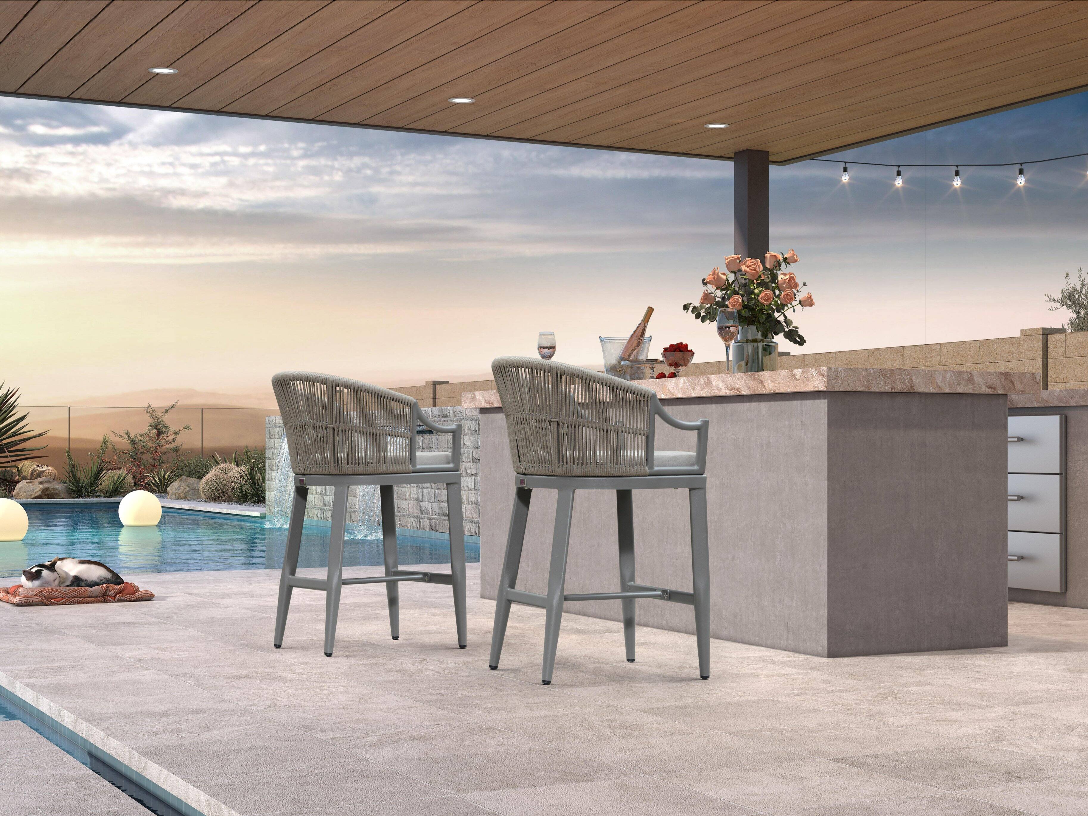 Alt View 2. PURPLE LEAF - Patio Counter Height Set of 2 Outdoor Rattan Chairs with Back Modern Aluminum Woven Barstools for Garden Indoor Kitchen - Light Grey-Counter Stool.