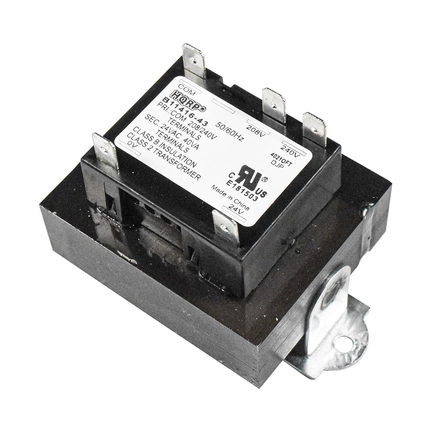 COM PRI. B11416-43 COM CLASS CLASS SEC.: 24VAC TERMINALS 208/240V 50/60Hz 208V OV 2 TERMINALS 40VA 240V TRANSFORMER 40210FT DJP Made E181503 LR US in 24V China