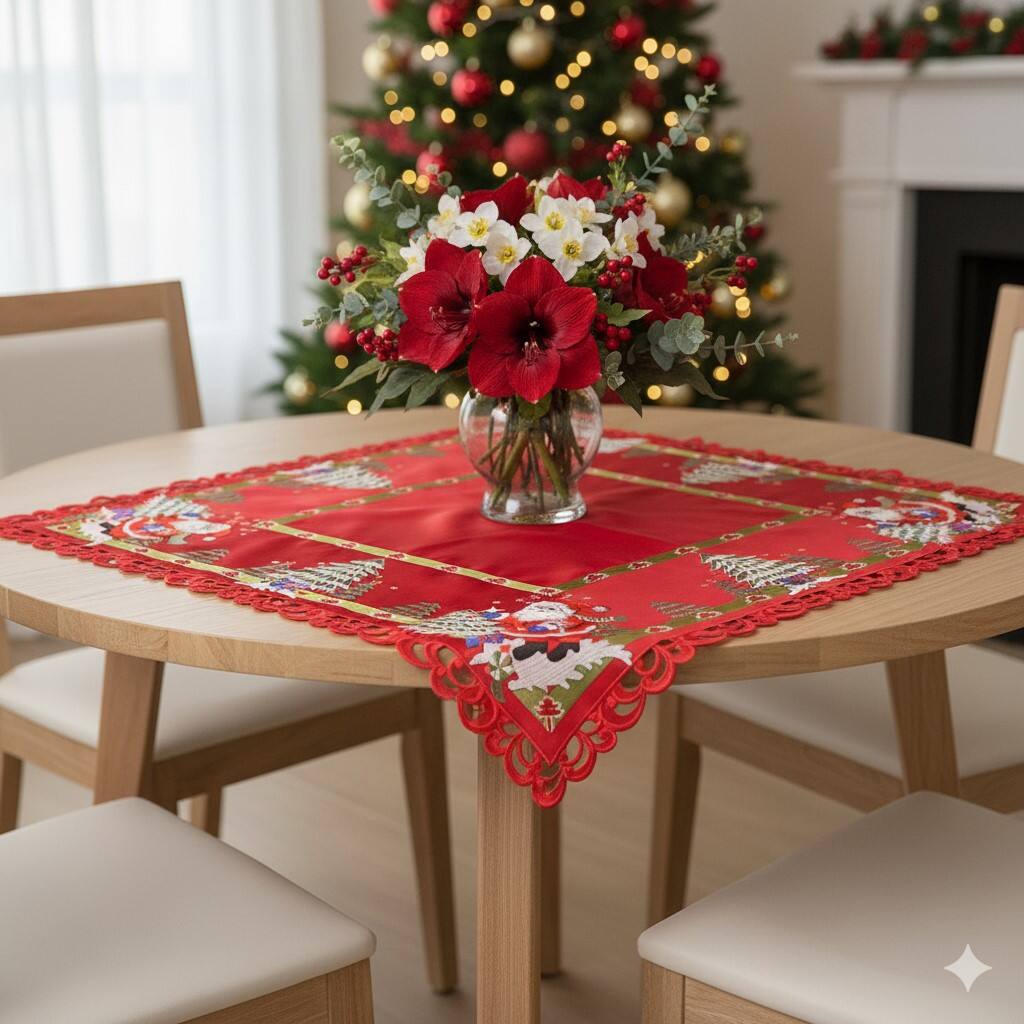 Angle. Jiallo - Santa Red Embroidered Cutwork Square Tablecloth, 44  inch square  Table Linen - Red.