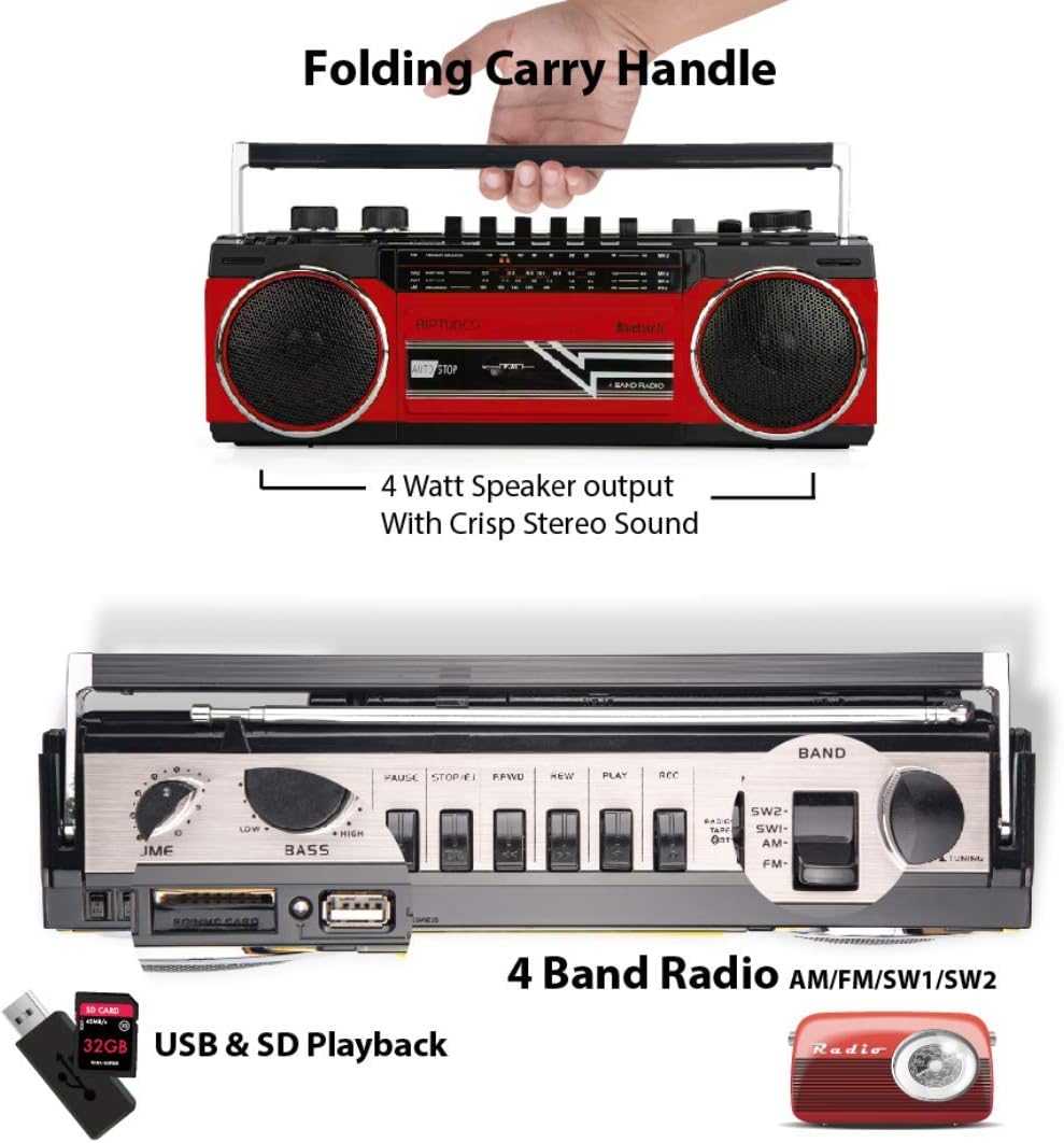 Folding Carry Handle

4 Watt Speaker output With Crisp Stereo Sound

4 Band Radio AM/FM/SW1/SW2

USB & SD Playback