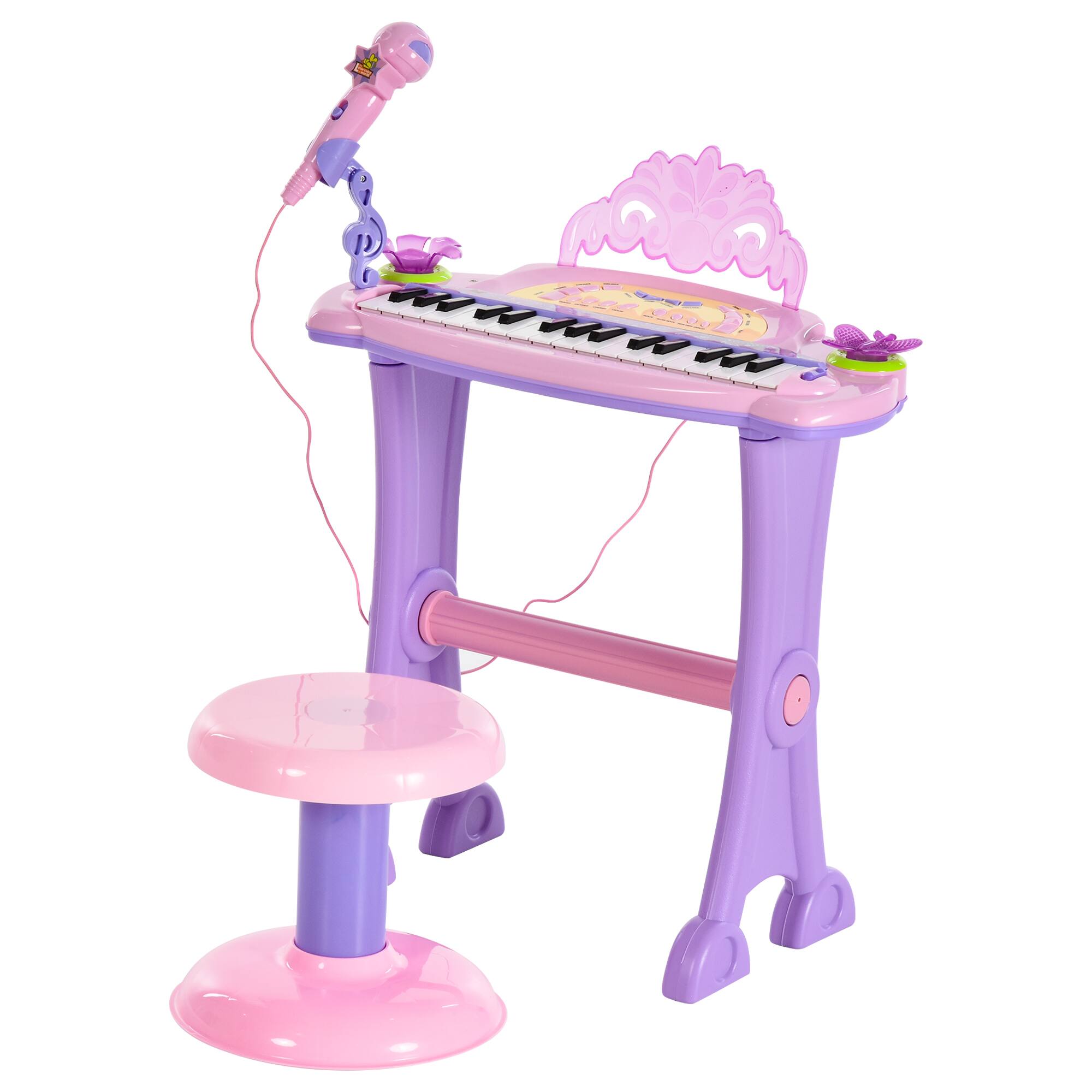 Front. Qaba - 32-Key Princess Electronic Toy Piano for Kids, Educational Keyboard Piano with Stool, MP3, Record, Flashing Lights.