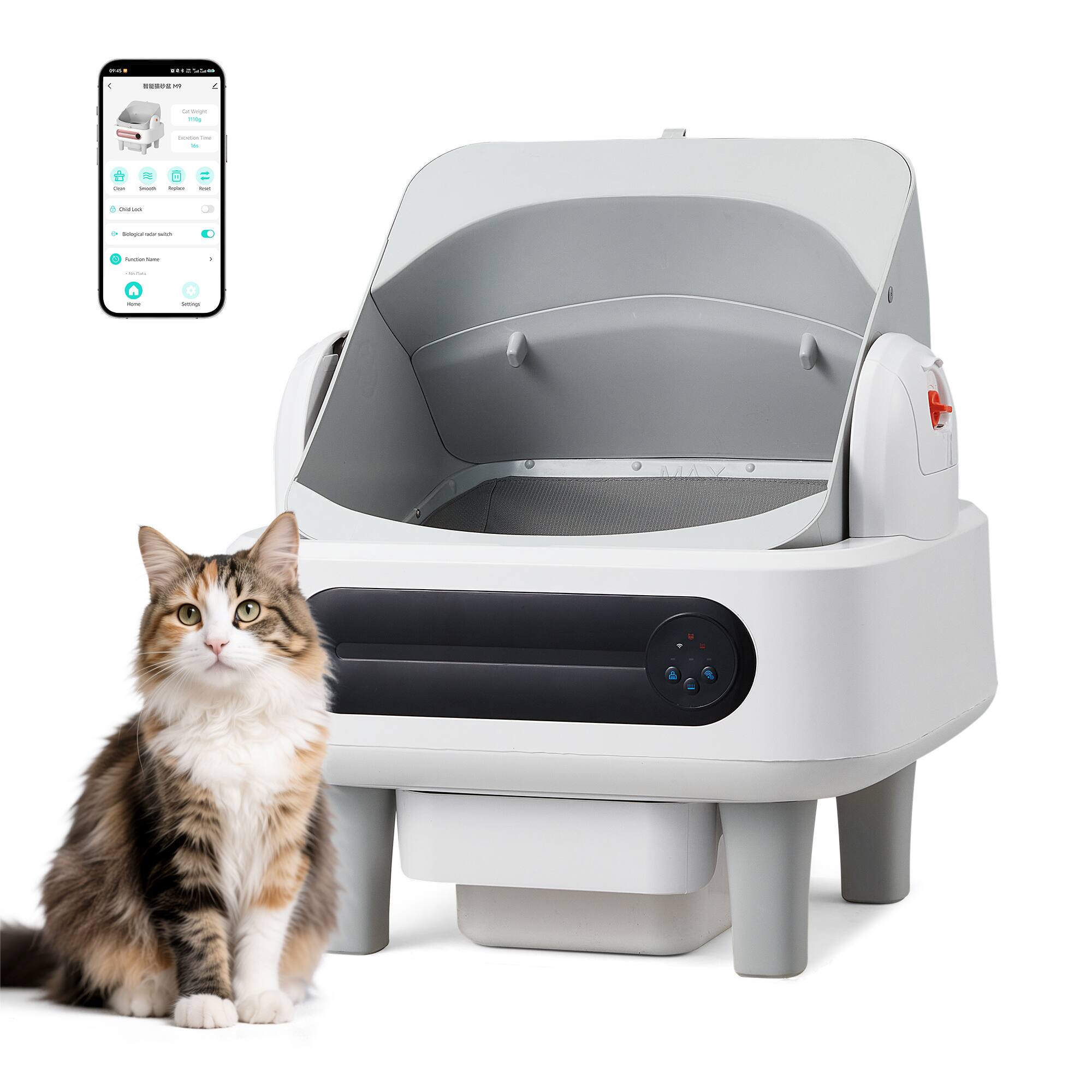 Alt View 6. U-HOMY - Self-Cleaning Cat Litter Box – Open Top, App Control, 11L, Bio-Radar & Gravity Sensor – 2.4G/5G WiFi - White.