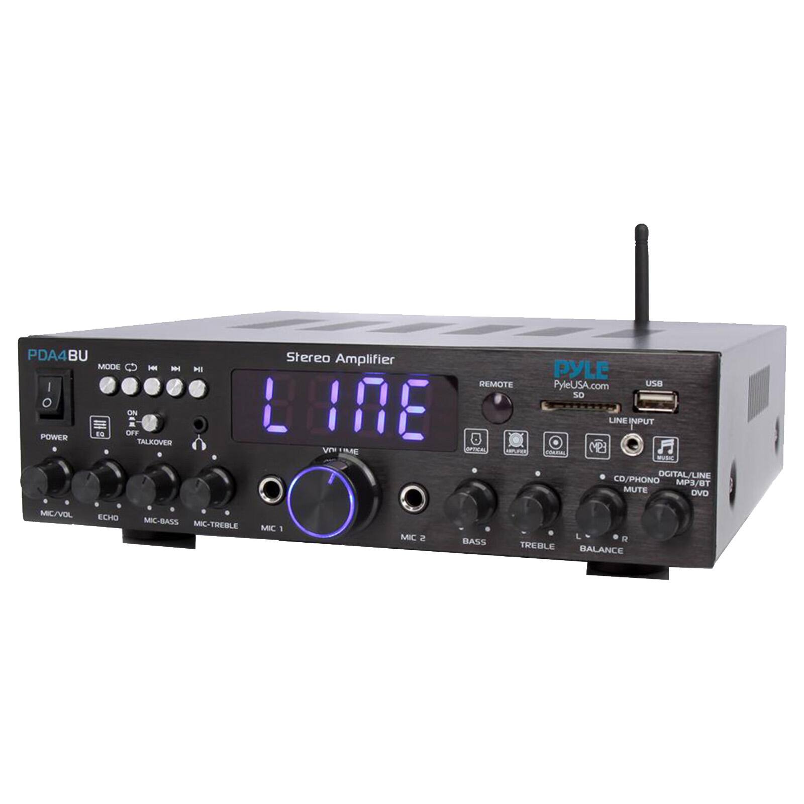 PDA4BU MODE I - HI I O ON - Eo OFF POWER TALKOVER . . MIC/VOL ECHO MIC-BASS MIC-TREBLE Stereo Amplifier PYLE REMOTE PyleUSA.com USB SO L 18E LINE INPUT 8 . VI TIME MIICA C TRERA MB -C OGITAL LINE CO/PHONO MP3/BT BT MUTE OVD MIC 1 MIC 2 R BASS TREBLE BALANCE