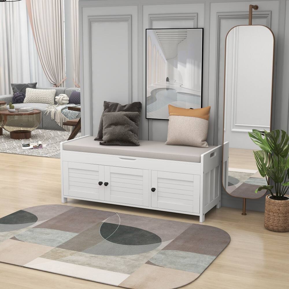Alt View 9. Ropilly - Ropilly White Storage Bench with Cushion and Shutter Doors, Entryway Shoe Bench with Hidden Storage, 43.5 Inch - White.