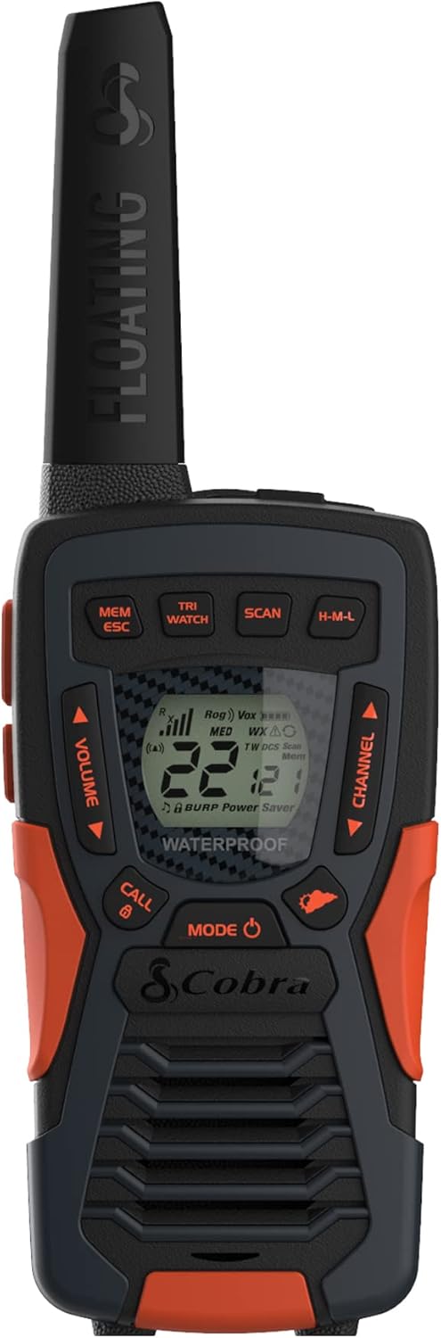 FLOATING FEUATNO MEM ESC TRI WATCH SCAN H-M-L VOLUME R Rog)) Vox X all MED WX (A) TW DCS Scan Mom 22 12 C a BURP Power Saver WATERPROOF CHANNEL CALL MODE & Cobra