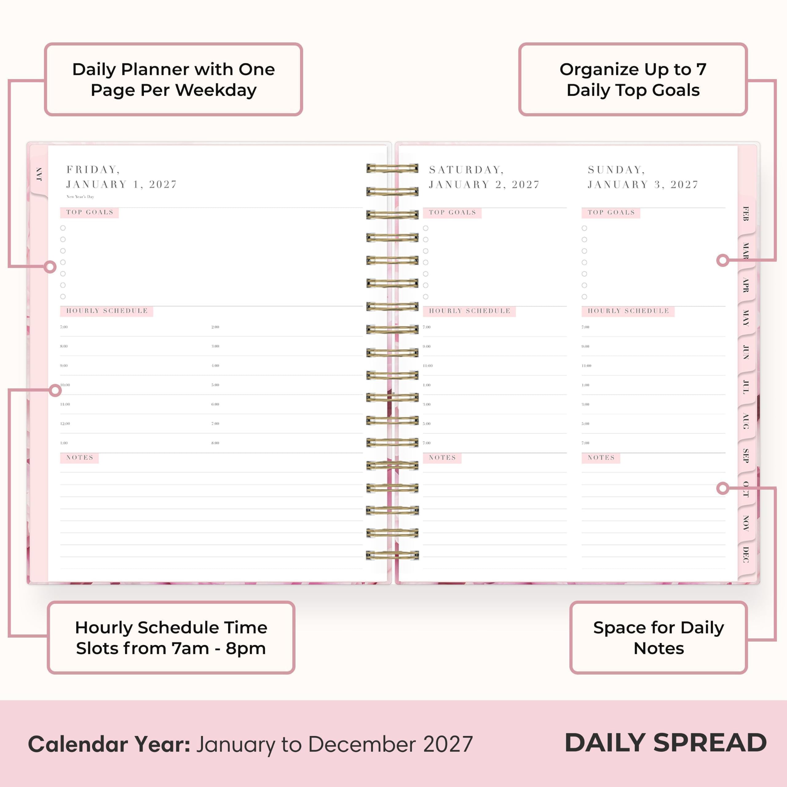Daily Planner with One Page Per Weekday  
Organize Up to 7 Daily Top Goals  

FRIDAY, JANUARY 1, 2027  
TOP GOALS  
HOURLY SCHEDULE  
2,0 1.50 12:00 ox 1.00  
NOTES  

SATURDAY, JANUARY 2, 2027  
TOP GOALS  
HOURLY SCHEDULE  
NOTES  

SUNDAY, JANUARY 3, 2027  
TOP GOALS  
HOURLY SCHEDULE  
NOTES  

Hourly Schedule Time Slots from 7am - 8pm  
Space for Daily Notes  

Calendar Year: January to December 2027  
DAILY SPREAD
