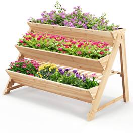 Gymax - 3-tier Raised Garden Bed w/2 Side Hooks Storage Shelf Garden Planter for Flowers - Natural