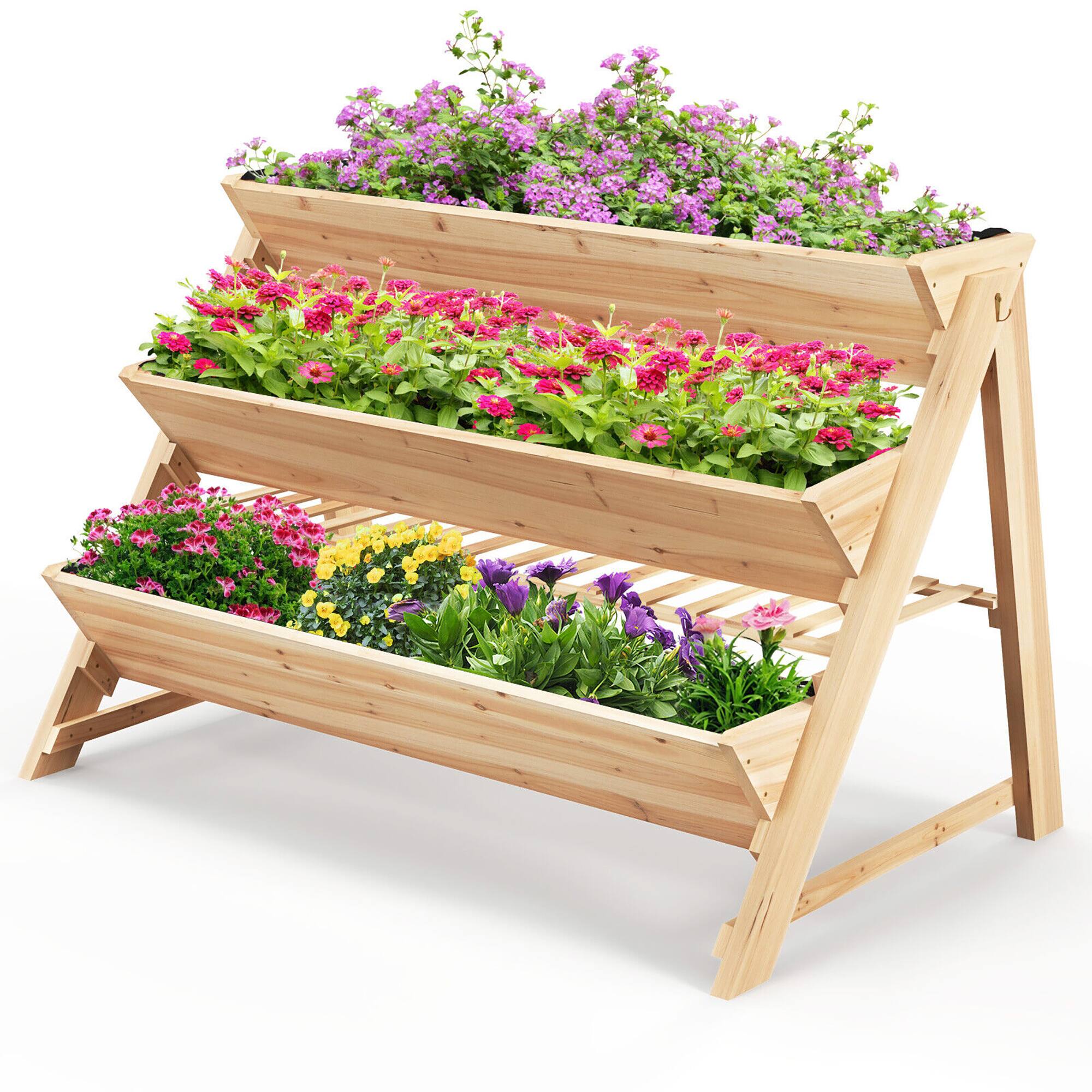 Front. Gymax - Gymax 3-tier Raised Garden Bed w/2 Side Hooks Storage Shelf Garden Planter for Flowers - Natural.