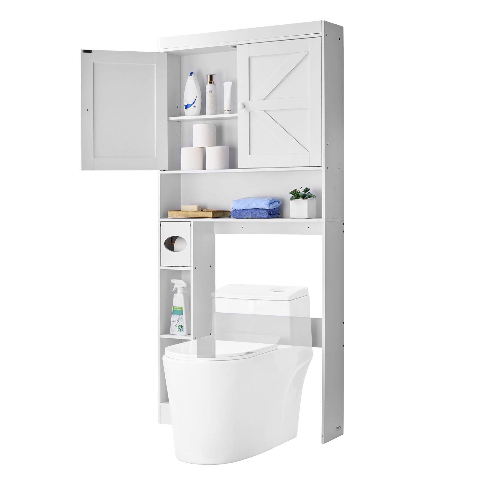 VEVOR - Over The Toilet Storage Cabinet, 67.44 in Height Bathroom Storage Organizer with Double Door and Adjustable Shelf - White