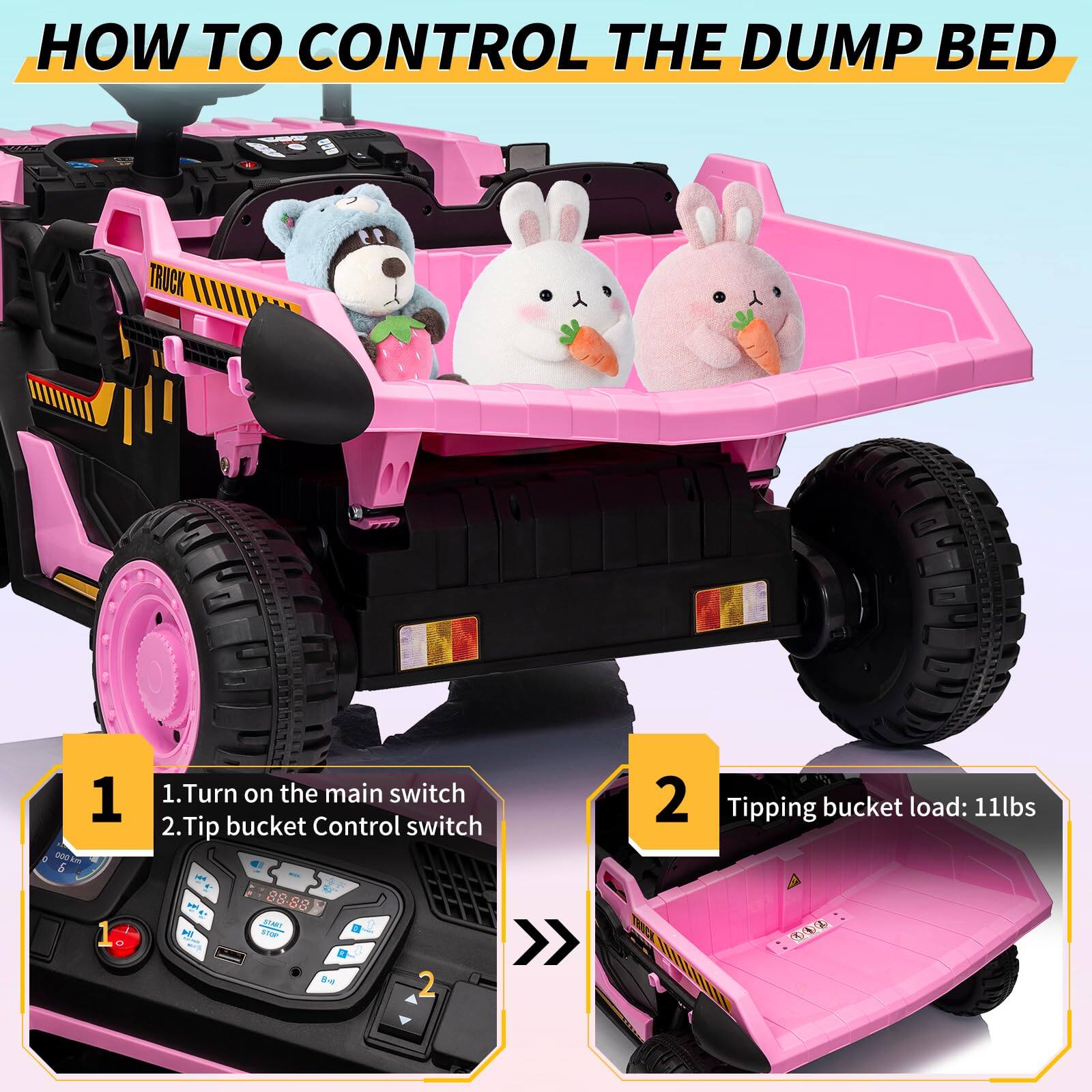 **HOW TO CONTROL THE DUMP BED**

1. Turn on the main switch  
2. Tip bucket Control switch

**Tipping bucket load: 11lbs**
