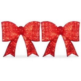 Costway - 2 PCS Christmas Lighted Bow Decoration120 Pre-Lit Warm White LED Lights for Porch - Red