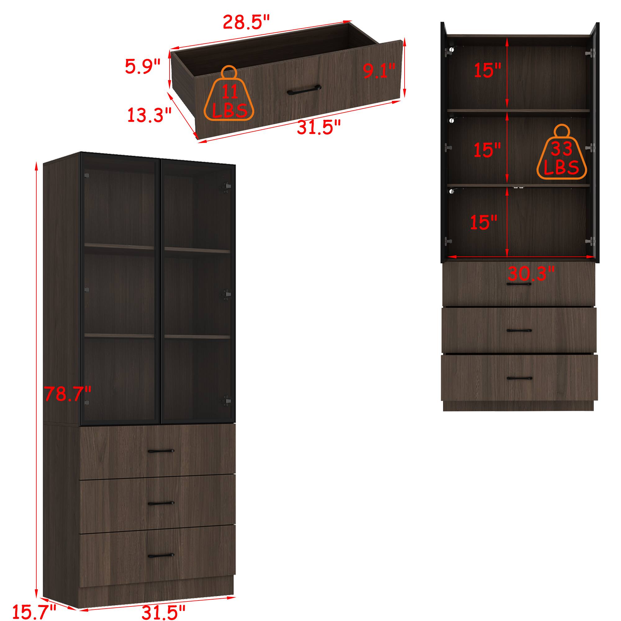 11 LBS, 28.5", 5.9", 13.3", 9.1", 31.5", 15", 33 LBS, 15", 30.3", 78.7", 15.7", 31.5"