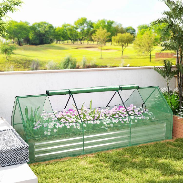 Alt View 2. PULUZ - 8.6 x 3 x 1ft Metal Planter Box with Mini Greenhouse, Galvanized Raised Garden Bed with Cover - Green and Silver.