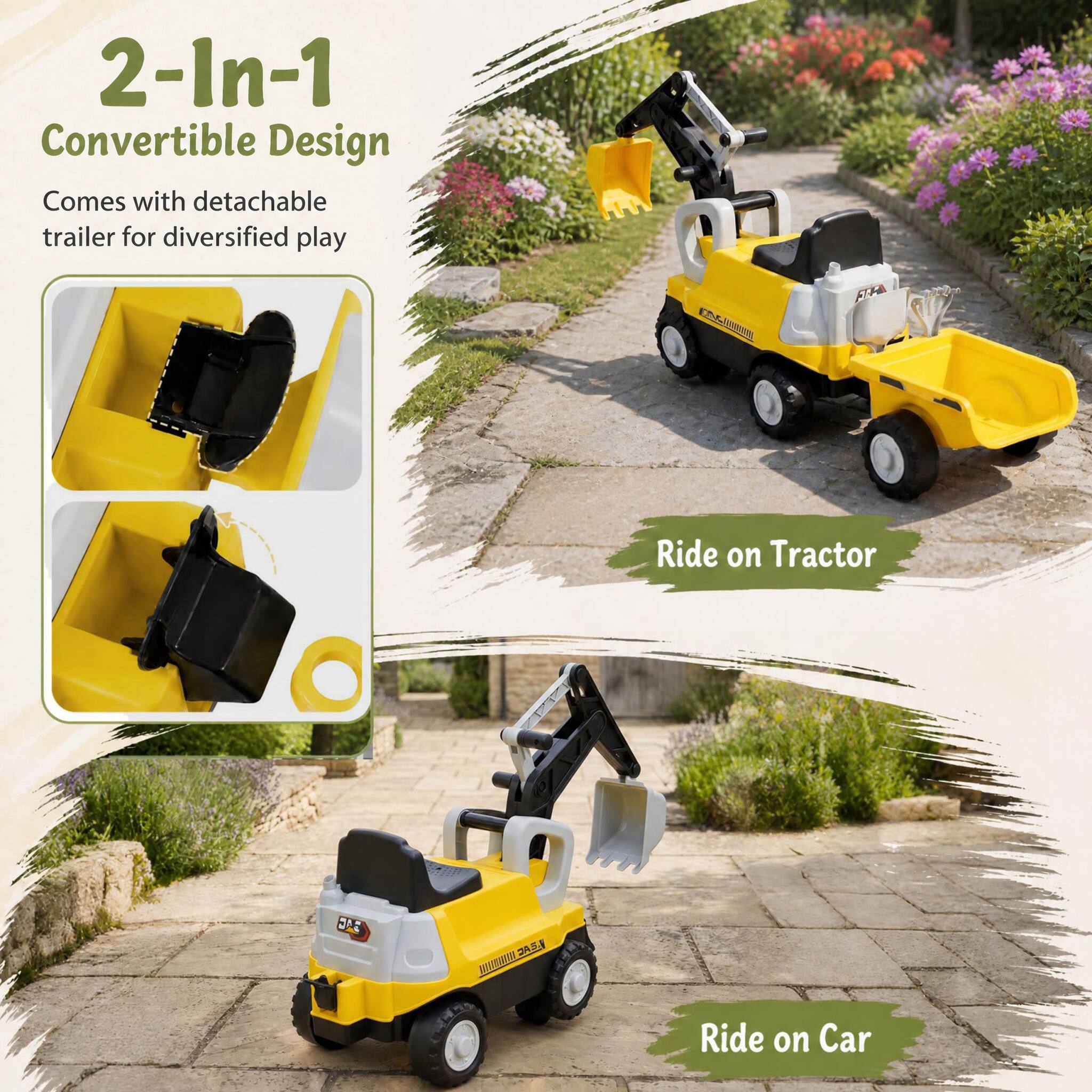 2-In-1 Convertible Design  
Comes with detachable trailer for diversified play

Ride on Tractor

Ride on Car