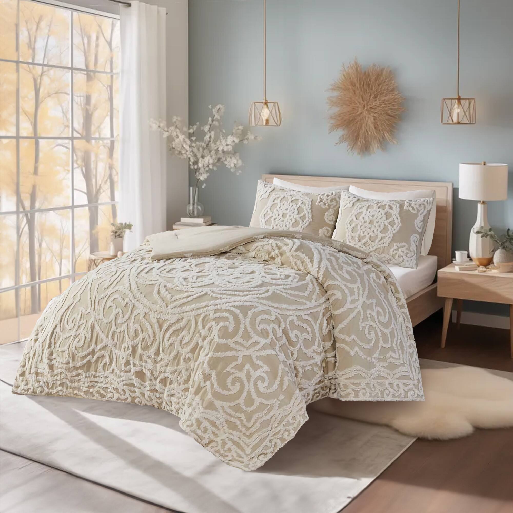 Alt View 1. Gracie Mills - Gracie Mills Ray 3-Piece Boho-Inspired Tufted Cotton Chenille Medallion Comforter Set - Taupe.