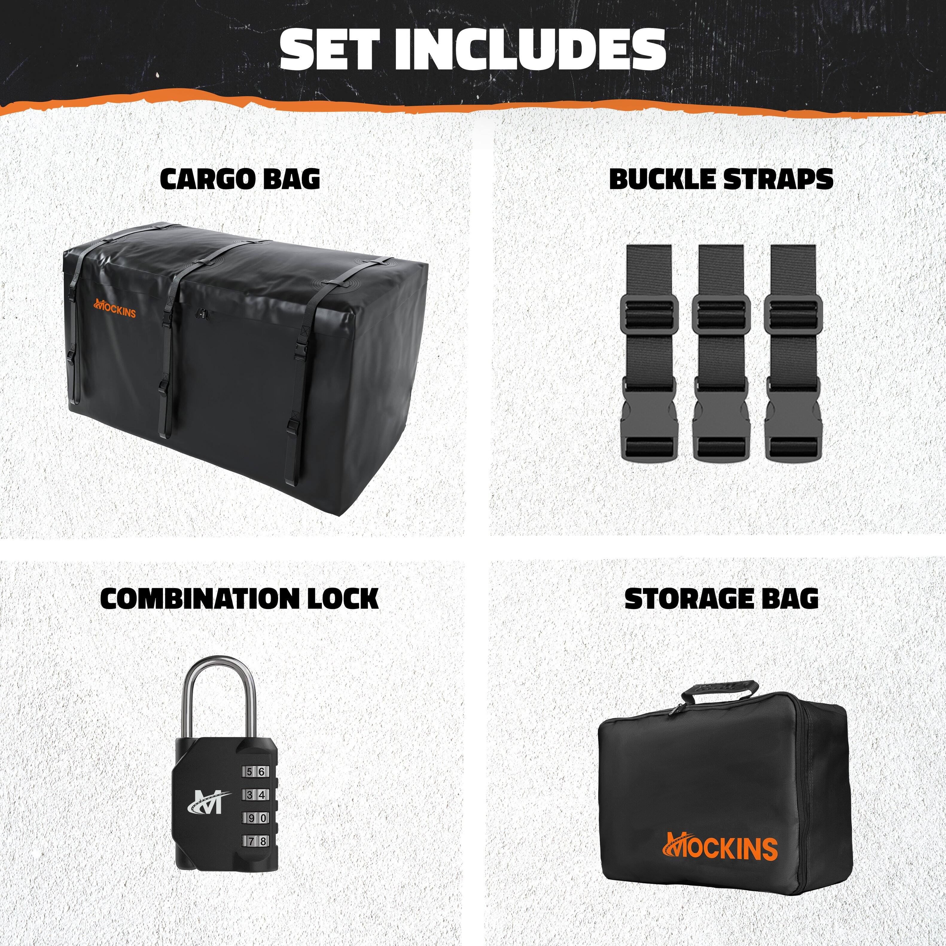 SET INCLUDES

CARGO BAG

BUCKLE STRAPS

COMBINATION LOCK

STORAGE BAG