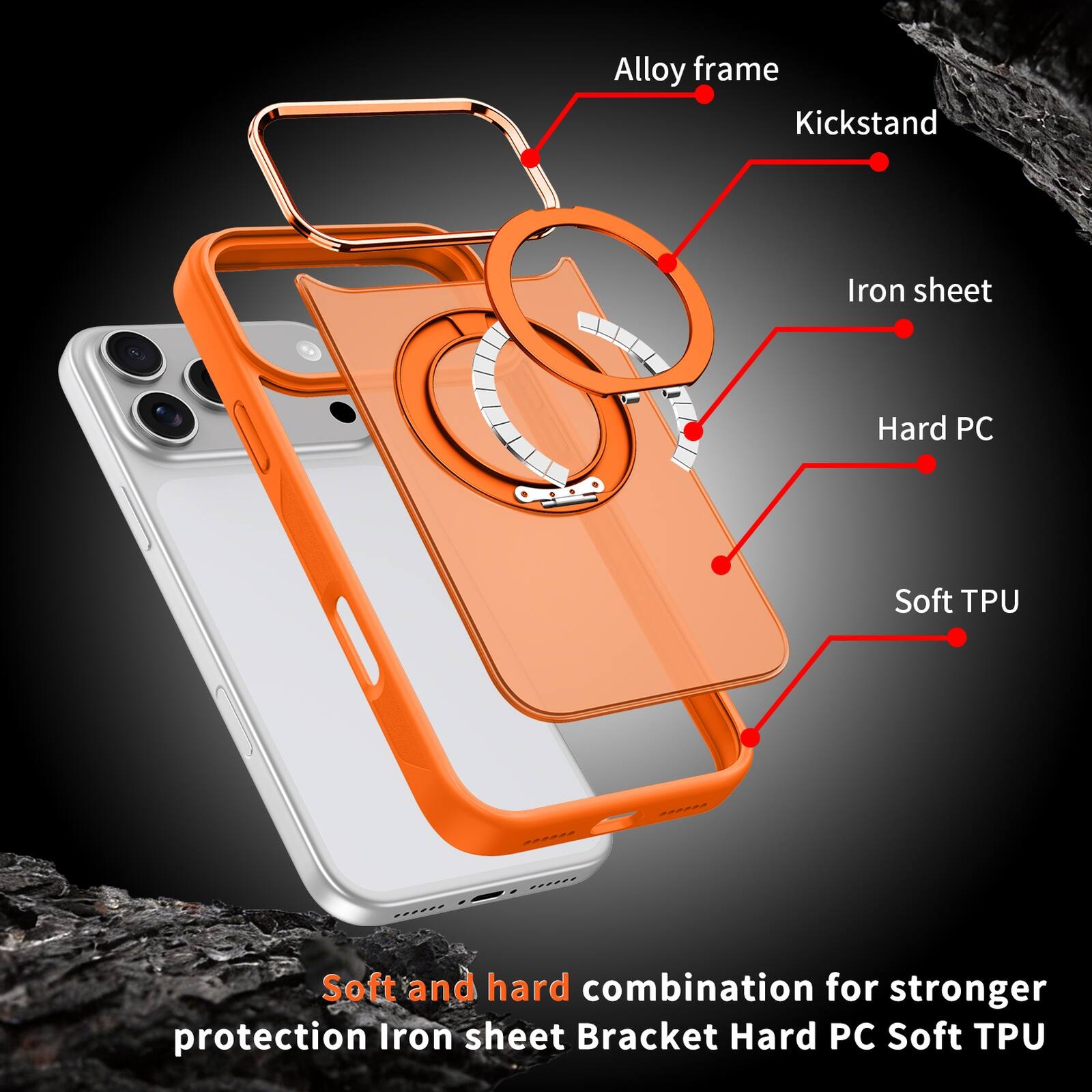 Alloy frame  
Kickstand  
Iron sheet  
Hard PC  
Soft TPU  
Soft and hard combination for stronger protection  
Iron sheet  
Bracket  
Hard PC  
Soft TPU