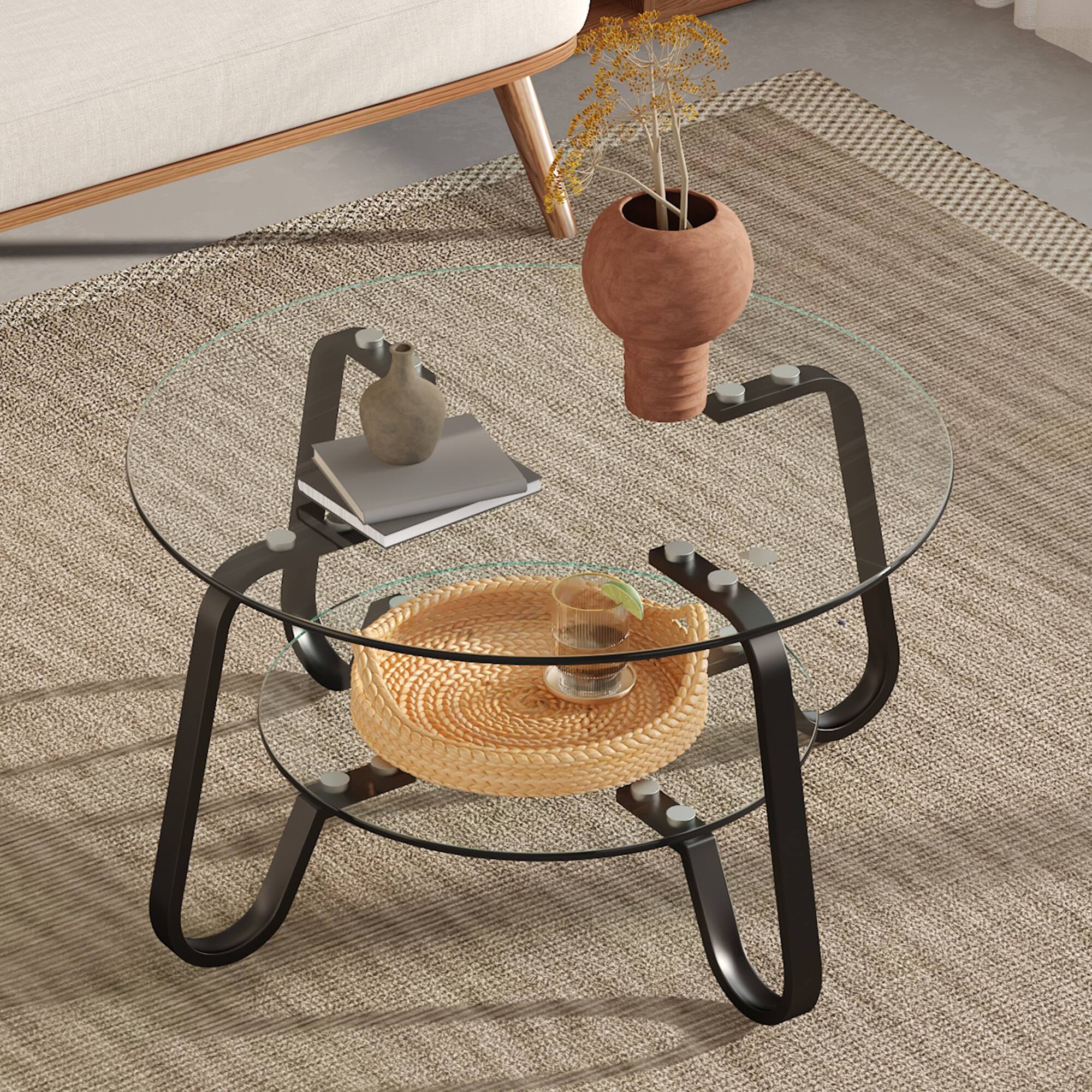 Angle. Loheer - Loheer- Tempered Glass Coffee Table 2-Tier Metal Frame Retro Minimalist Center Table for Living Room 2.6x2.6x1.5 ft - Black.