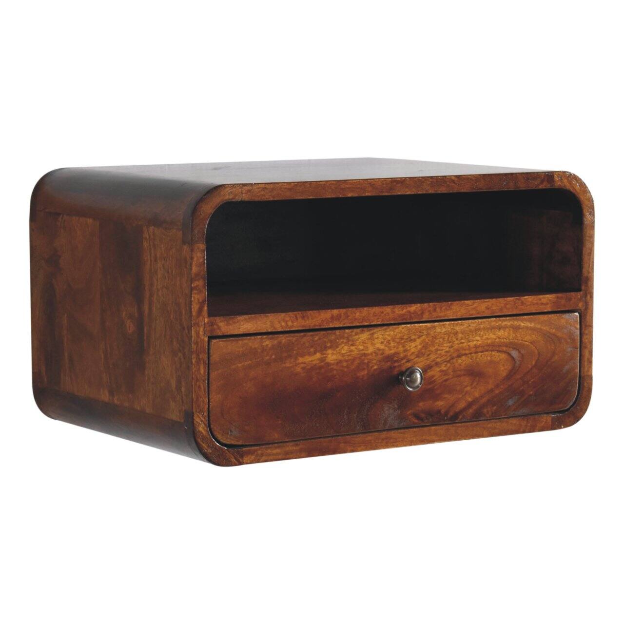 Left. Artisan Furniture - Artisan Furniture Solid Wood Large Chestnut Curve Floating Bedside, 1 Drawer, 1 Open Slot, Dark Brown - Chestnut.