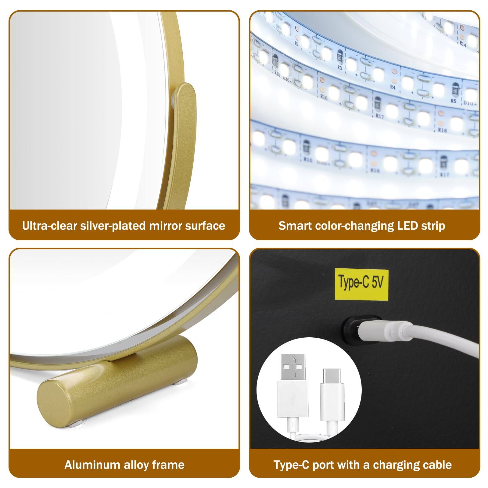1. Ultra-clear silver-plated mirror surface
2. Smart color-changing LED strip
3. Aluminum alloy frame
4. Type-C 5V
5. Type-C port with a charging cable