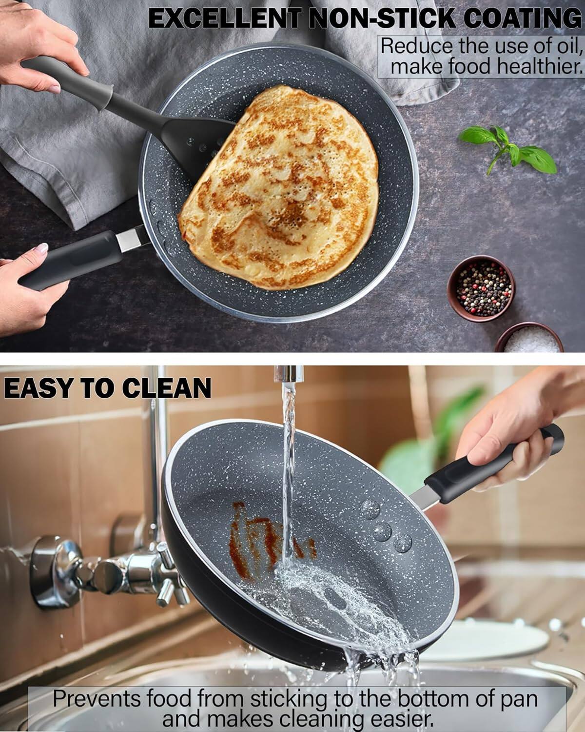 EXCELLENT NON-STICK COATING  
Reduce the use of oil, make food healthier.  

EASY TO CLEAN  
Prevents food from sticking to the bottom of the pan and makes cleaning easier.