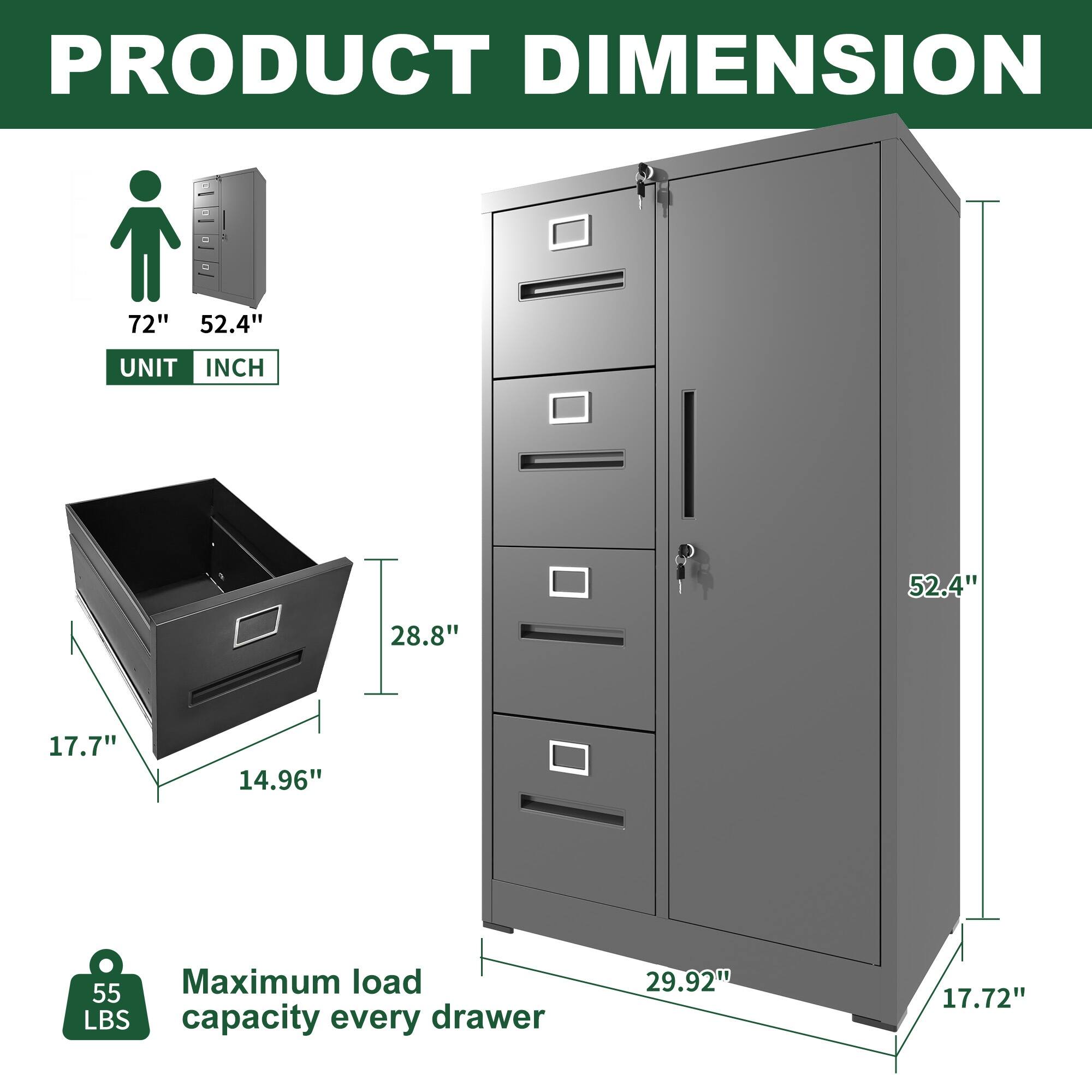 PRODUCT DIMENSION

72" 52.4"  
UNIT INCH

52.4" 28.8" 17.7" 14.96" 55

Maximum load LBS capacity every drawer 29.92" 17.72"