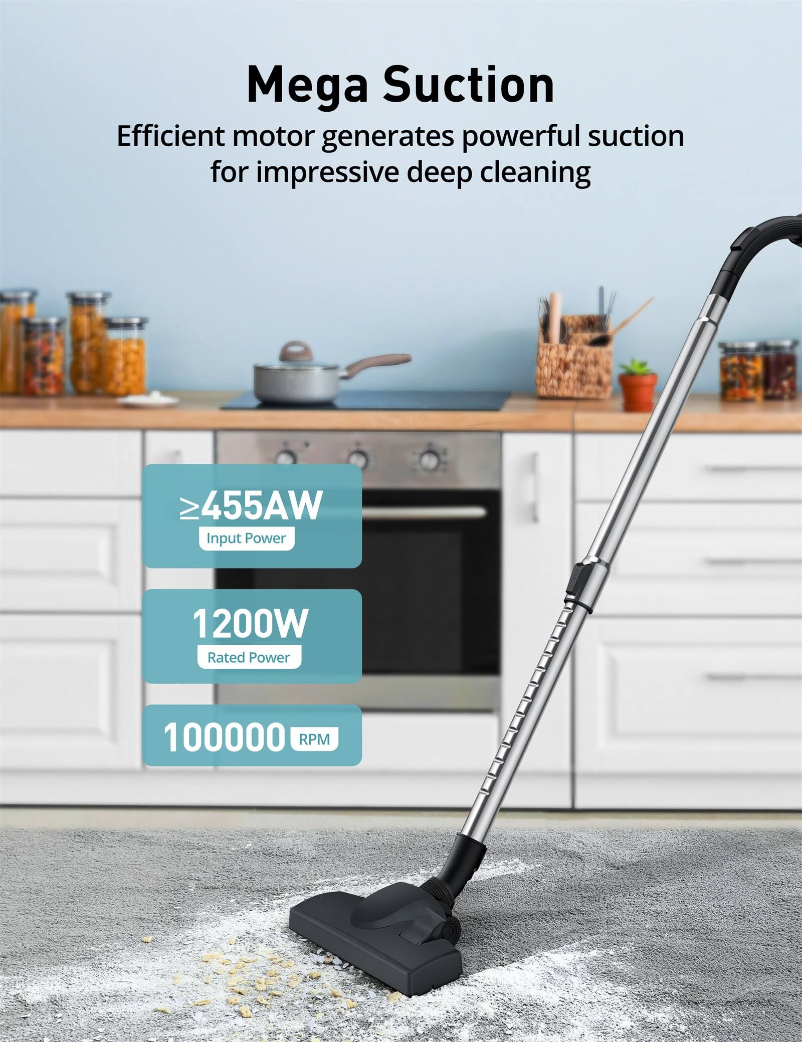 Mega Suction  
Efficient motor generates powerful suction for impressive deep cleaning  
≥455AW Input Power  
1200W Rated Power  
100000 RPM
