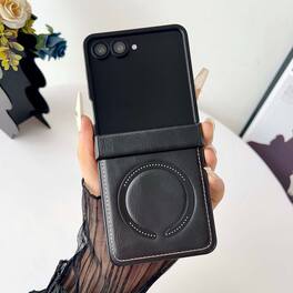 Dteck - Shockproof Magnetic Phone Case for Samsung Galaxy Z Flip7, Rigid Plastic Faux Leather Hinge Cover, Raised Lip Protection - Black