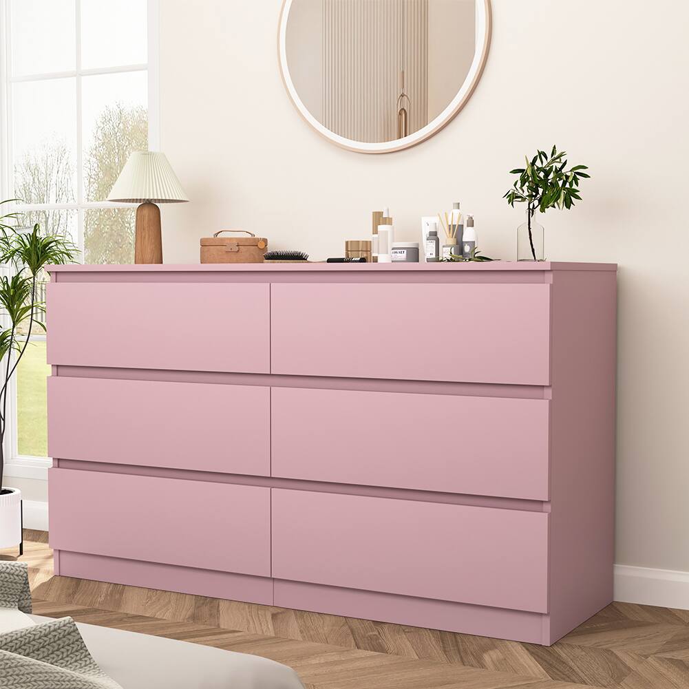 Angle. Spaco - Modern 6 Drawer Dresser Table, Storage Cabinet, Minimalist Chest, TV Stand Vanity For Bedroom, Living Room - Pink.