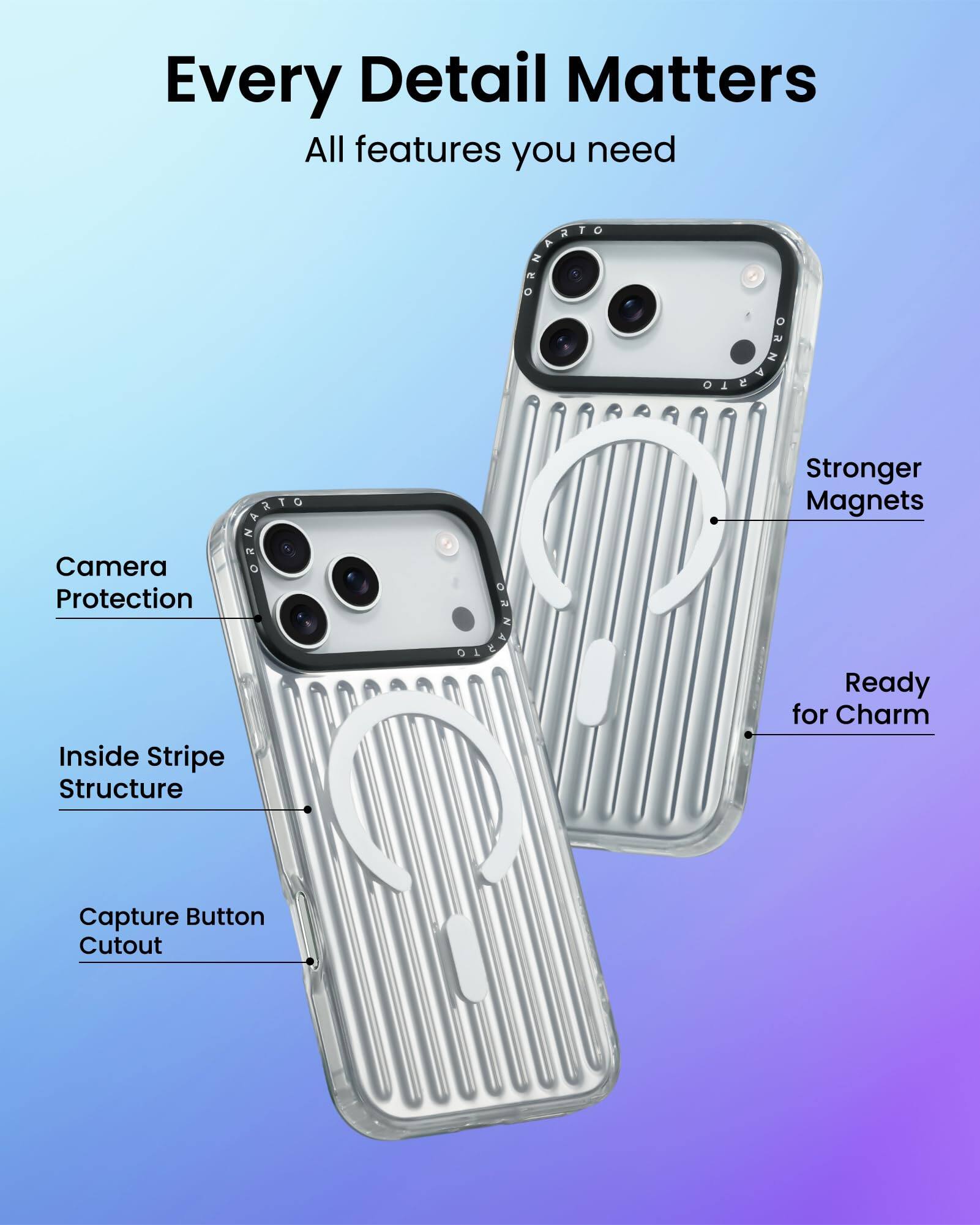 Every Detail Matters  
All features you need  

- Camera Protection  
- Inside Stripe Structure  
- Capture Button Cutout  
- Stronger Magnets  
- Ready for Charm