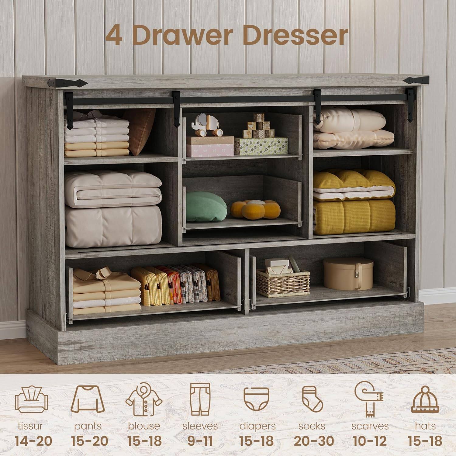 4 Drawer Dresser

tissur 14-20  
pants 15-20  
blouse 15-18  
sleeves 9-11  
diapers 15-18  
socks 20-30  
scarves 10-12  
hats 15-18