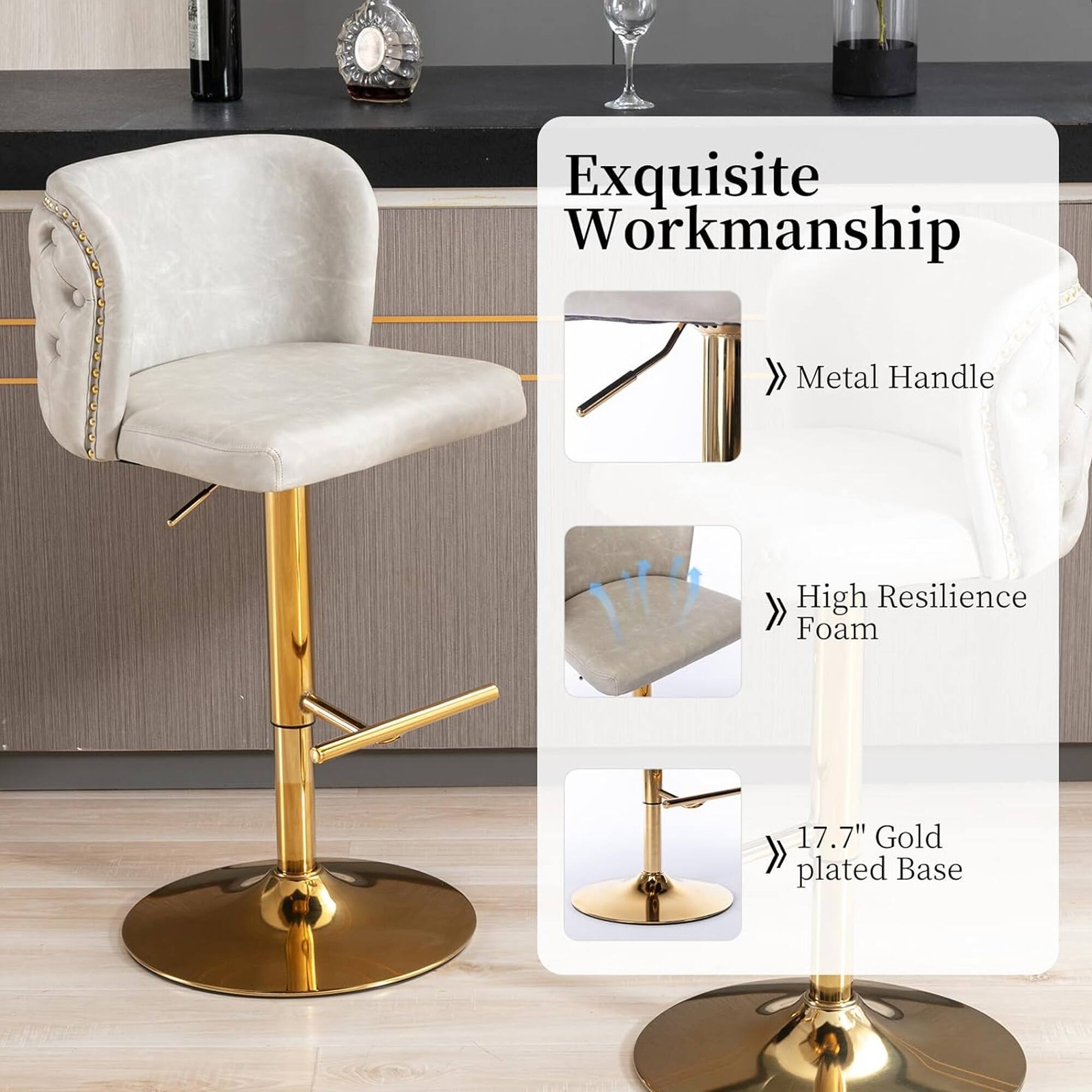 Exquisite Workmanship

- Metal Handle
- High Resilience Foam
- 17.7" Gold Plated Base