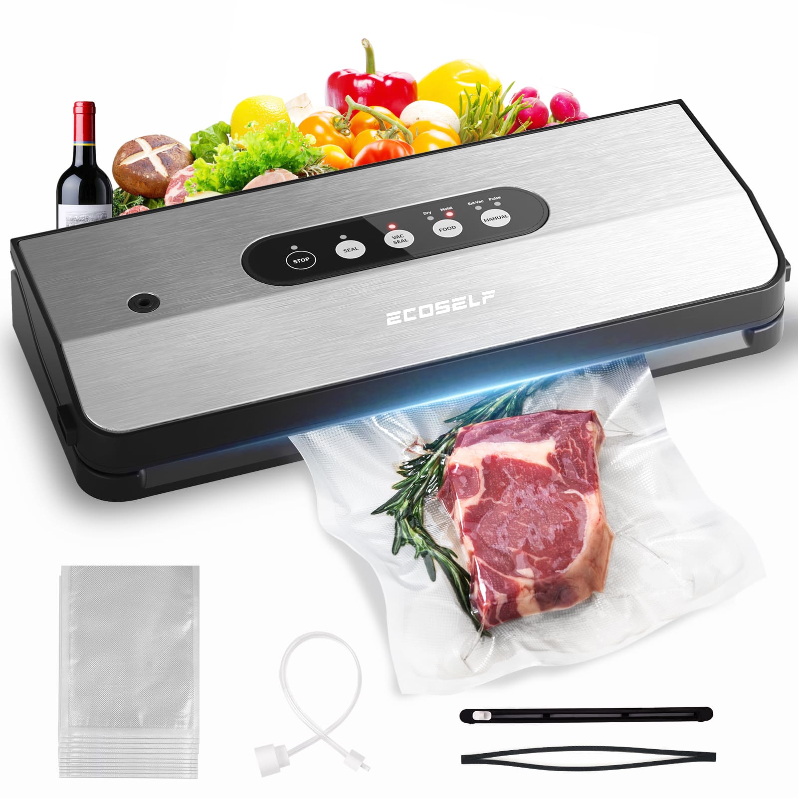 Ecoself - Food Vacuum Sealer Machine Built-in Cutter Automatic Air Sealing System Dry Moist Modes Food Preservation - Silver