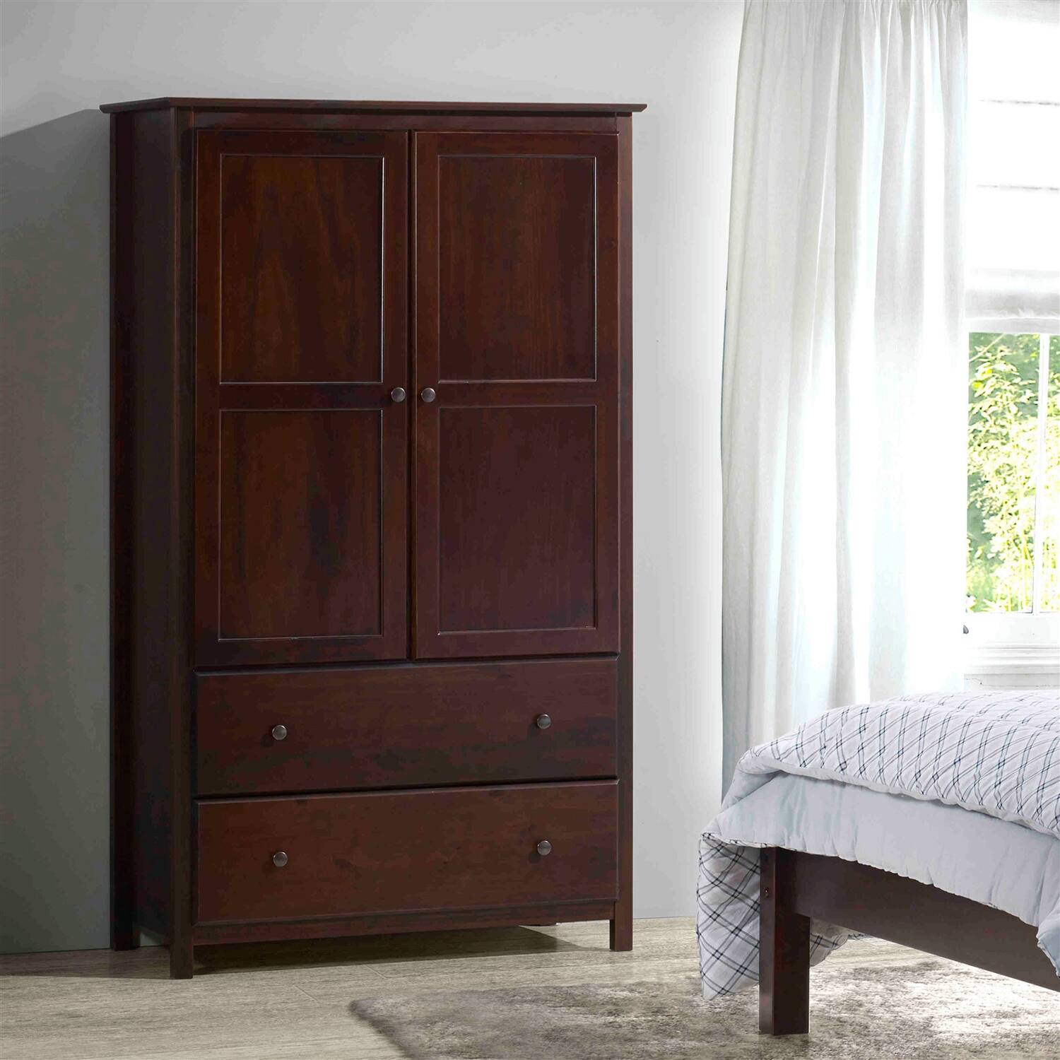 Angle. Hivvago - Solid Wood Bedroom Armoire Wardrobe Cabinet with Hanging Bar in Cherry Finish - Brown.