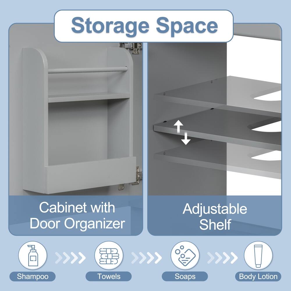 Storage Space

Cabinet with Door Organizer

Adjustable Shelf

Shampoo

Towels

Soaps

Body Lotion