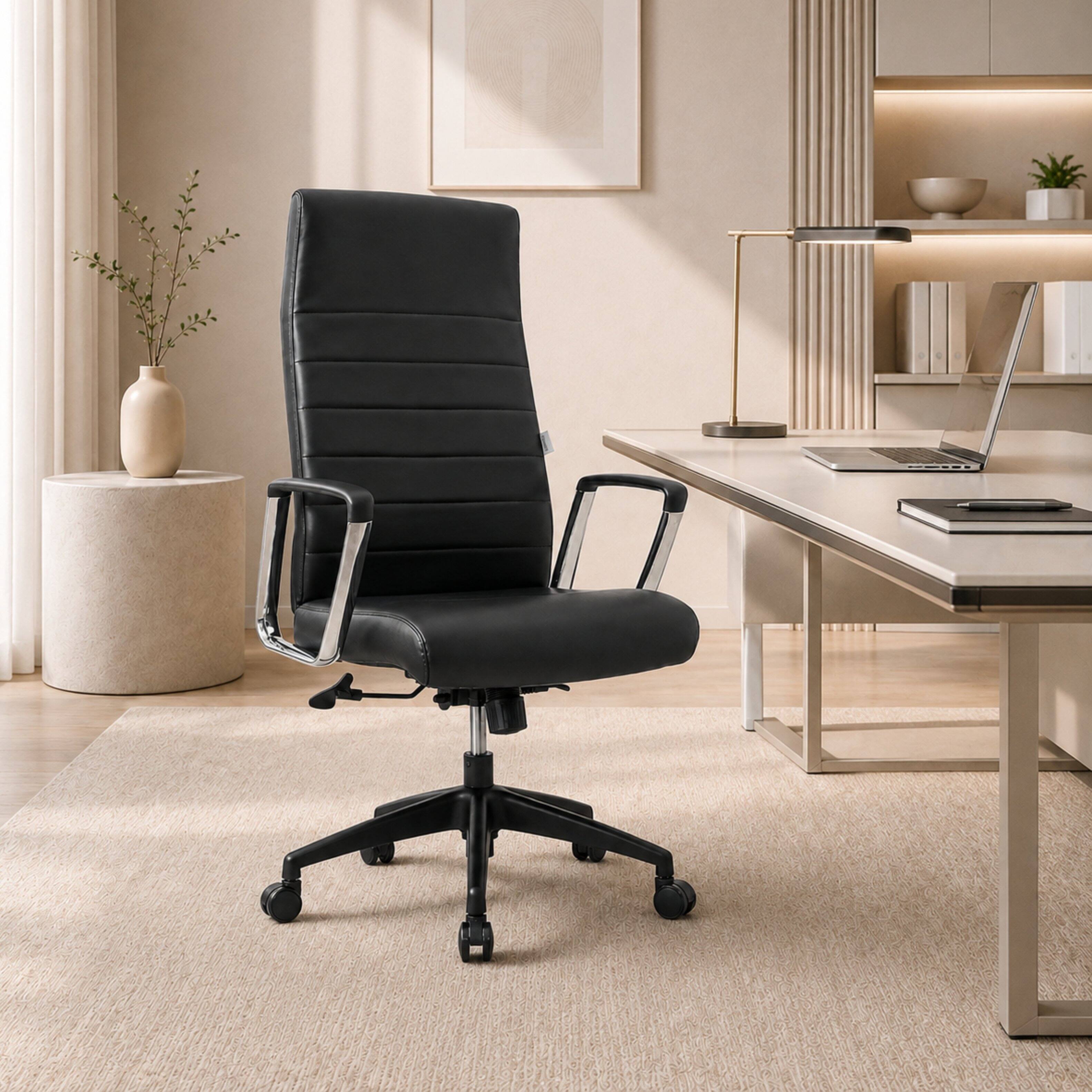 Alt View 6. LeisureMod - Hilton Ergonomic High Back Adjustable Leather Upholstered Office Desk Chair, Steel Frame, Swivel Base, Home Office Use - Black.