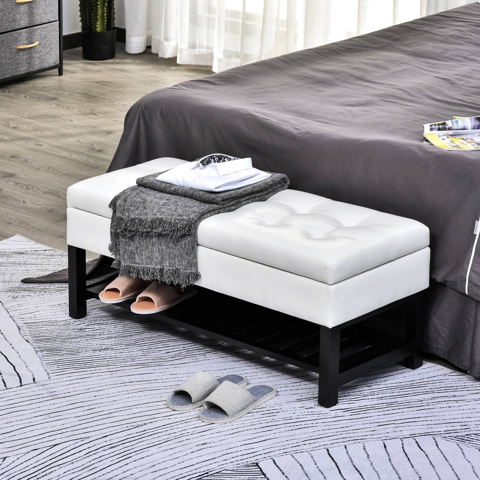 Alt View 8. Homcom - 44" Tufted Faux Leather Ottoman Storage Bench With Shoe Rack - white.