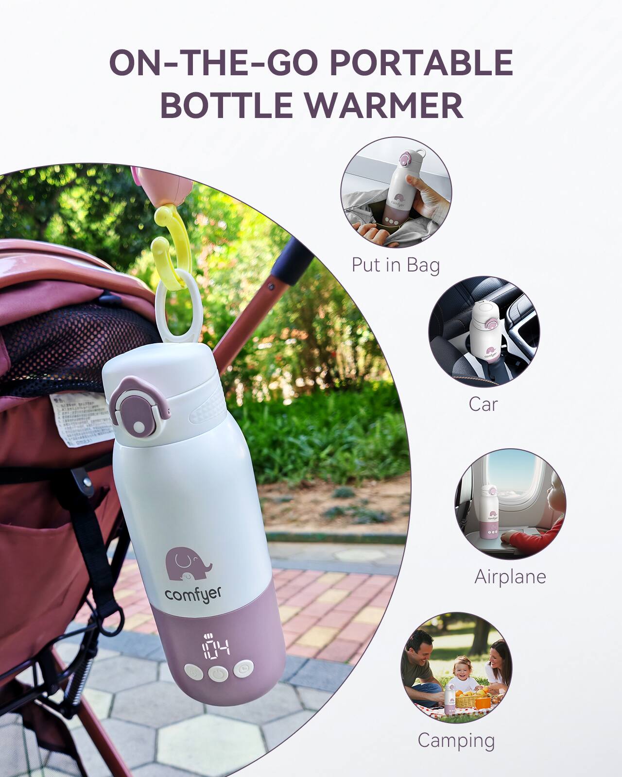 ON-THE-GO PORTABLE BOTTLE WARMER

Put in Bag
Car
Airplane
Camping