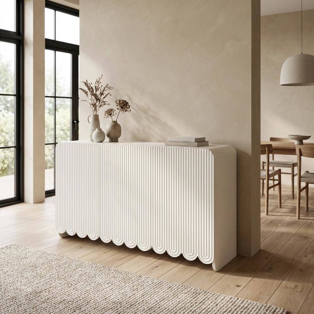 Left. FurniFact - Fluted And Scalloped Sideboard Storage Cabinet In Elegant Finish - White.
