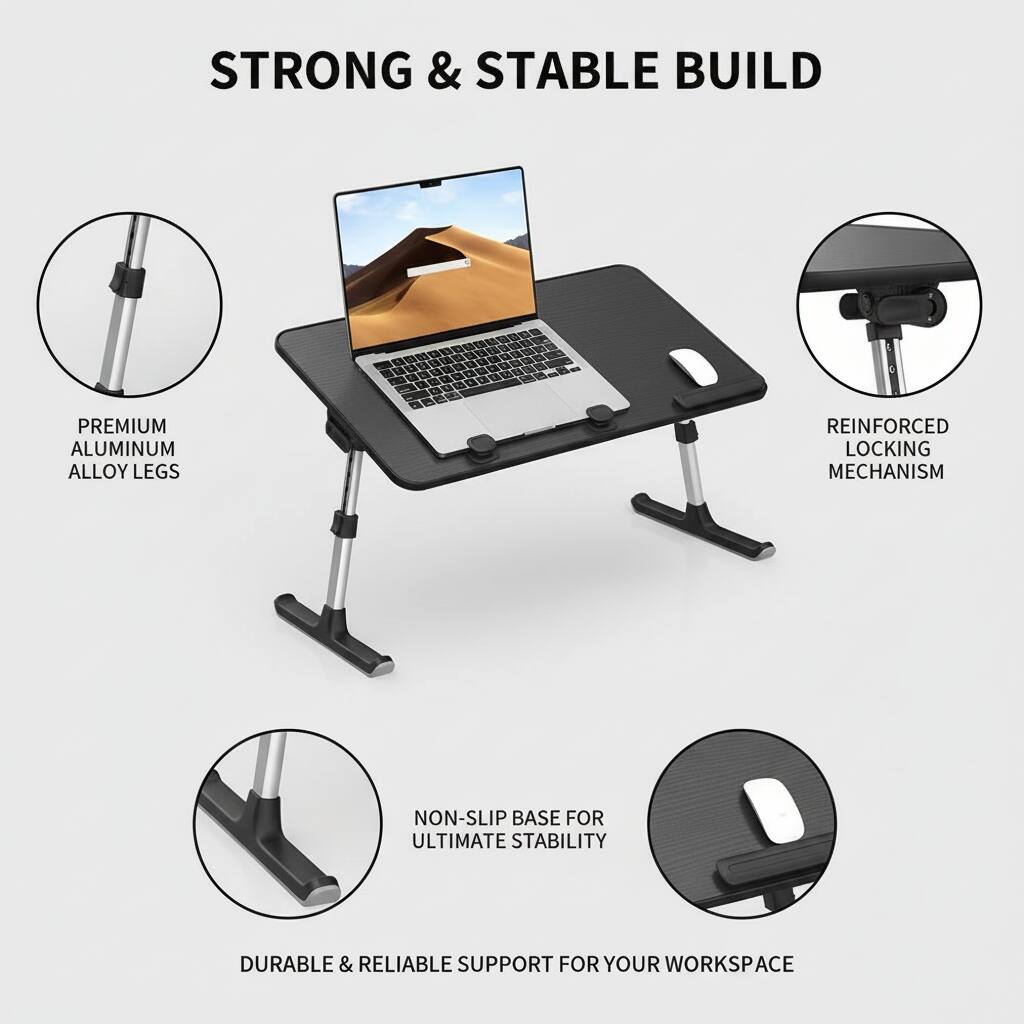 STRONG & STABLE BUILD

- PREMIUM ALUMINUM ALLOY LEGS
- REINFORCED LOCKING MECHANISM
- NON-SLIP BASE FOR ULTIMATE STABILITY
- DURABLE & RELIABLE SUPPORT FOR YOUR WORKSPACE