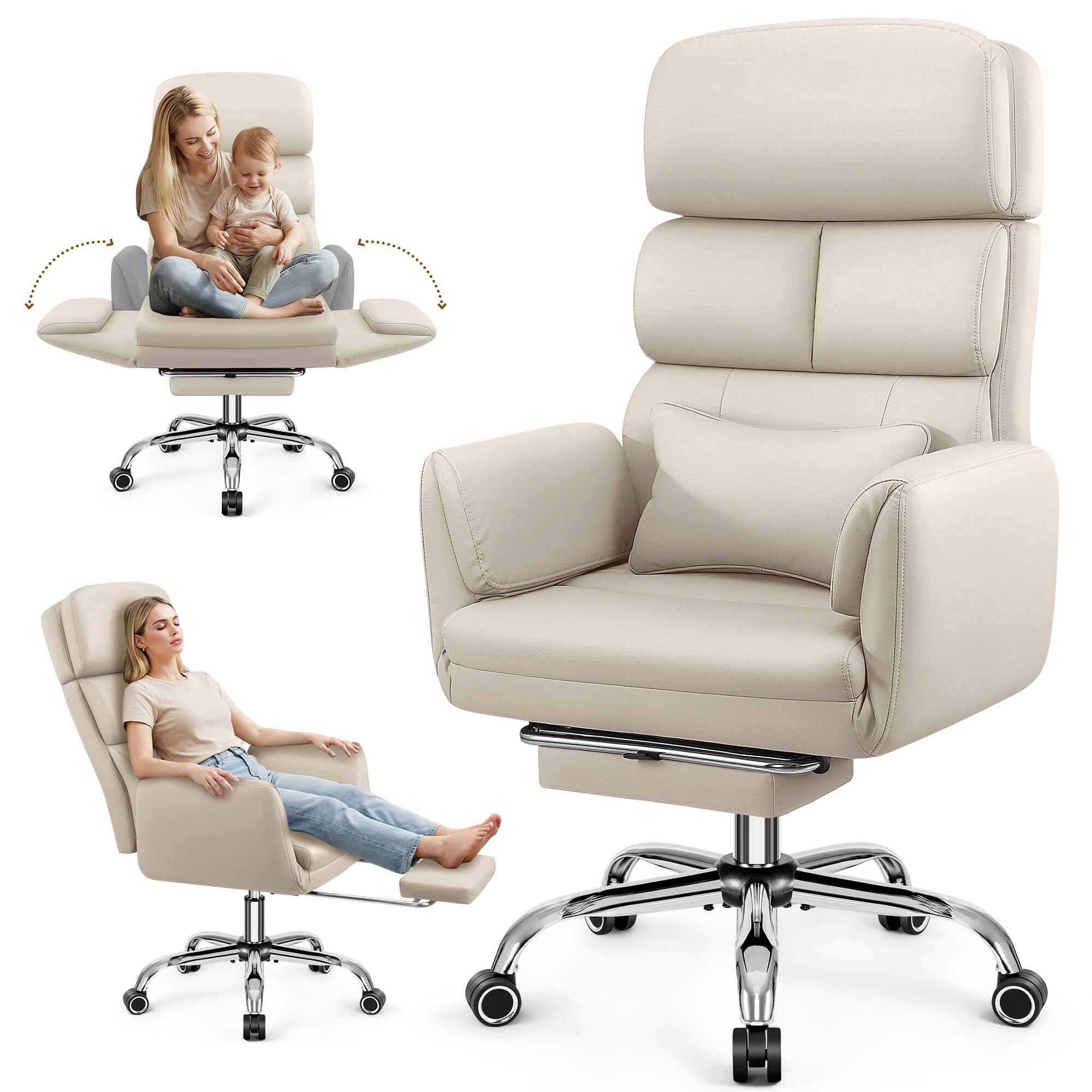 Alt View 6. KERDOM - Big Tall Office Chair with Reversible Arm, PU Leather Executive Manager Boss Chair with Lifting Headrest & Lumbar Pillow - Beige.