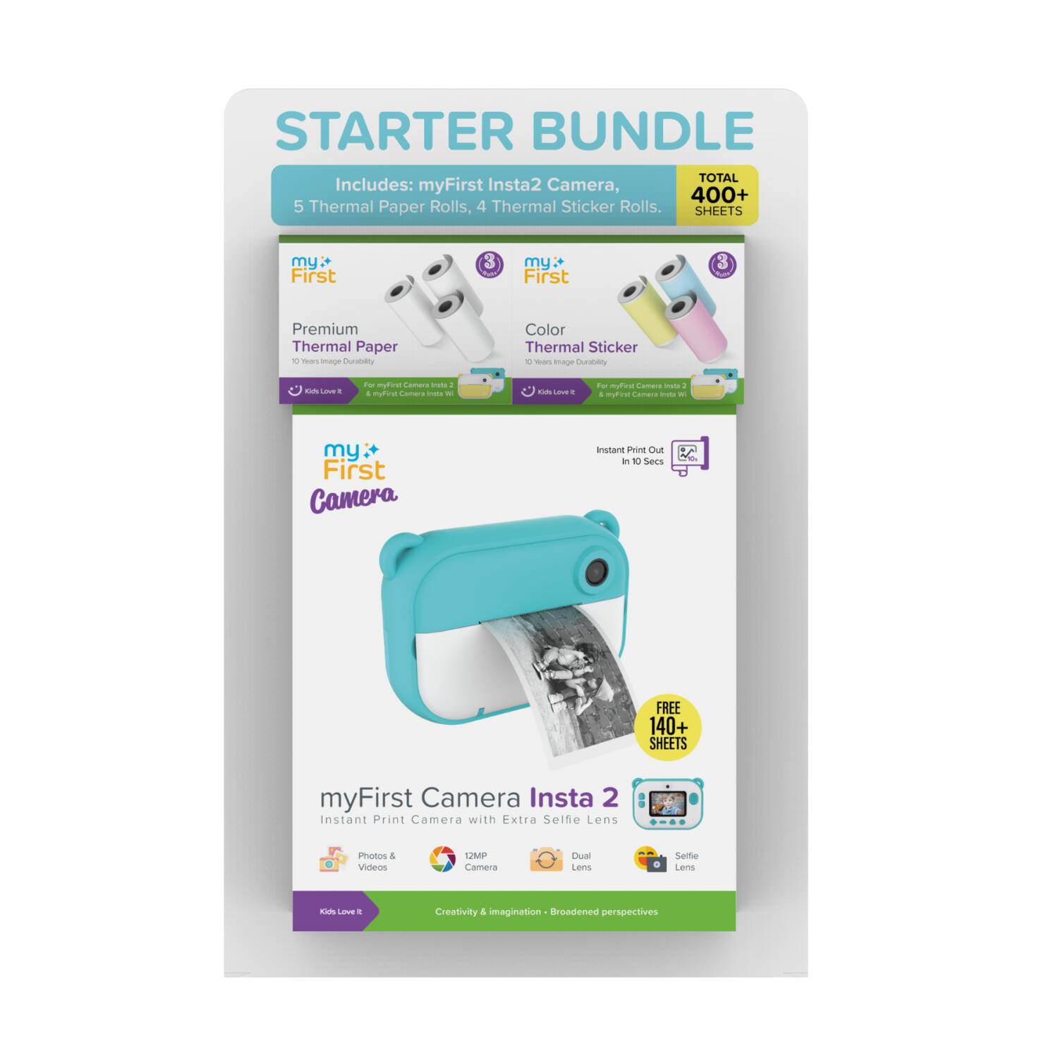 STARTER BUNDLE TOTAL  
Includes: myFirst Insta2 Camera, 5 Thermal Paper Rolls, 4 Thermal Sticker Rolls.  
SHEETS  
my First 3 my First Premium Thermal Paper - mas - Duratutty Color Thermal Sticker - eas mage E - + fw mufiret Camera - - + mufint - i - cim - + - mufne Comera mata - - E - - - my First Camera instant nre Oue an T Sers FREE 140+ SHEETS  
myFirst Camera Insta 2 instant Print Camera with Extra Selfie Lens Photos 4 Videos 1MP Camera CAAM Lens Settie Lens F LOve + Creativity 4 imagination Broadened perspectives