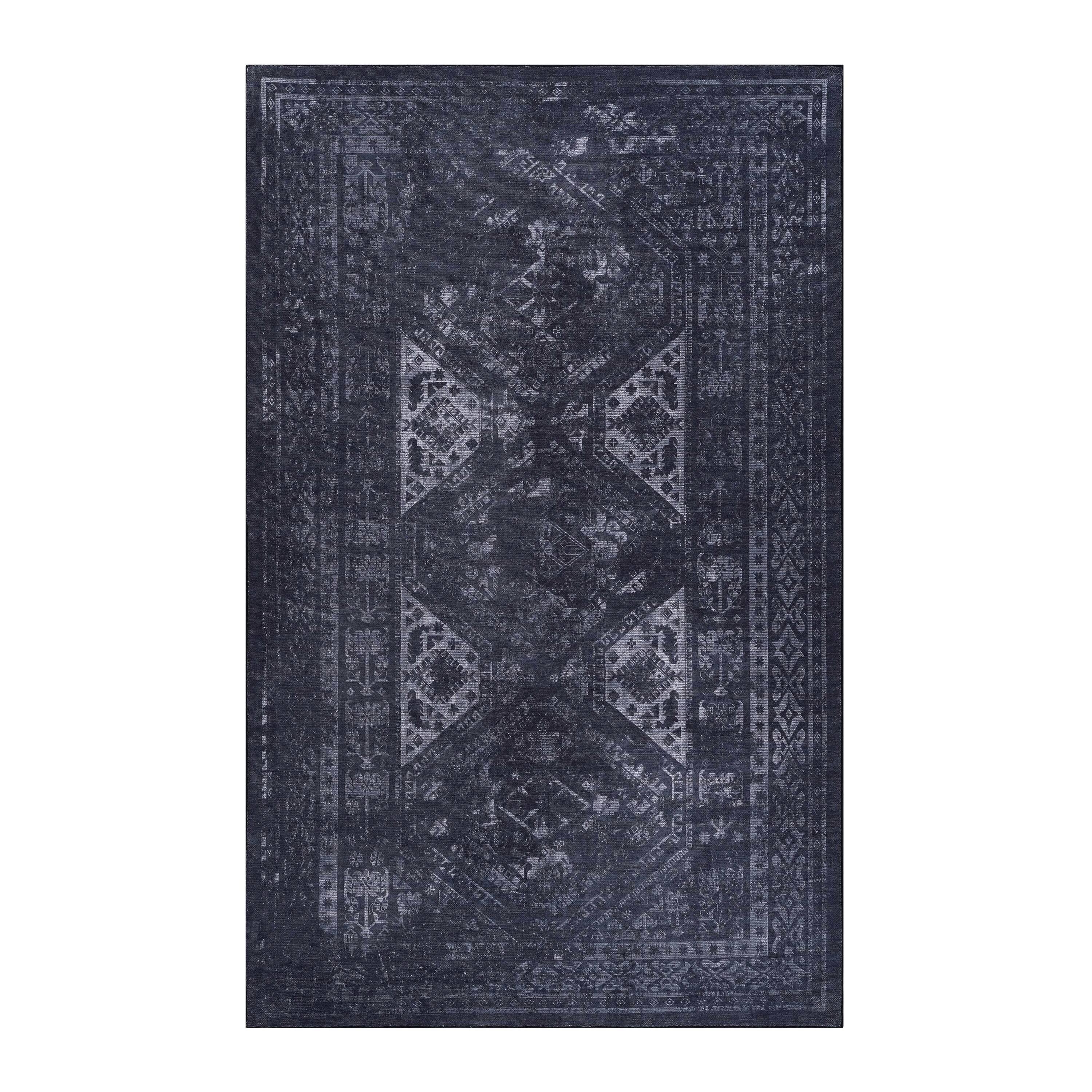 Angle. APRILSOUL - Machine Washable 8x10 Boho Area Rug Super Soft Non Slip Stain Resistant Foldable - Black+ Gray.