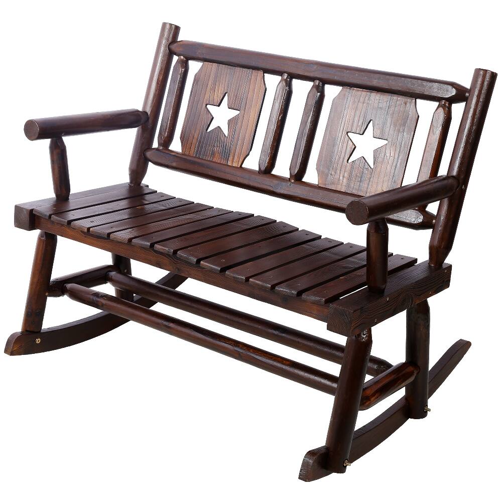 Back. Loheer - Loheer Outdoor Wood Rocking Bench, Carbonized Double Rocking Chair, Rustic Brown Porch Rocker - Rustic Brown.