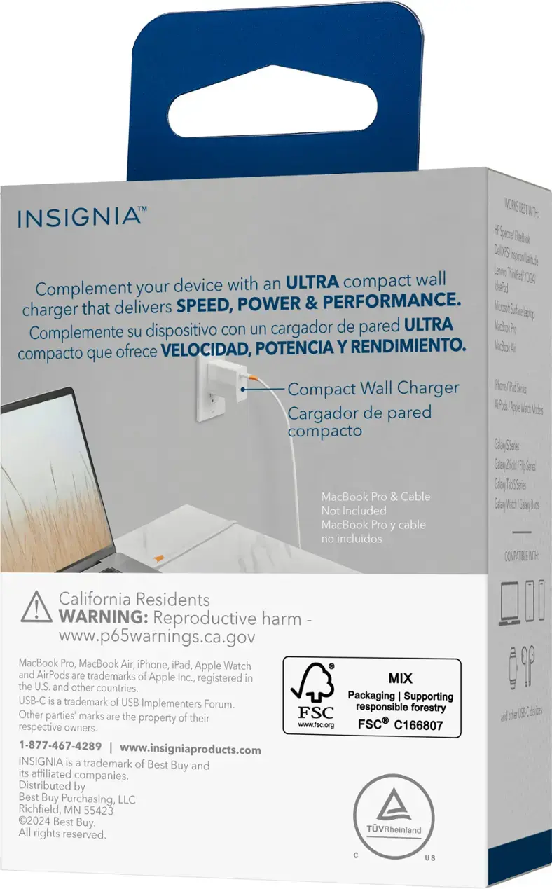 Insight Products Inc. is the manufacturer of the Insignia Ultra Compact Wall Charger. The product is designed to complement your device with a compact wall charger that delivers speed, power, and performance. The charger is compatible with MacBook Pro, MacBook Air, iPhone, iPad, Apple Watch, and AirPods. The product is available in California and comes with a warning label. The packaging supports responsible forestry and is certified by the Forest Stewardship Council (FSC).