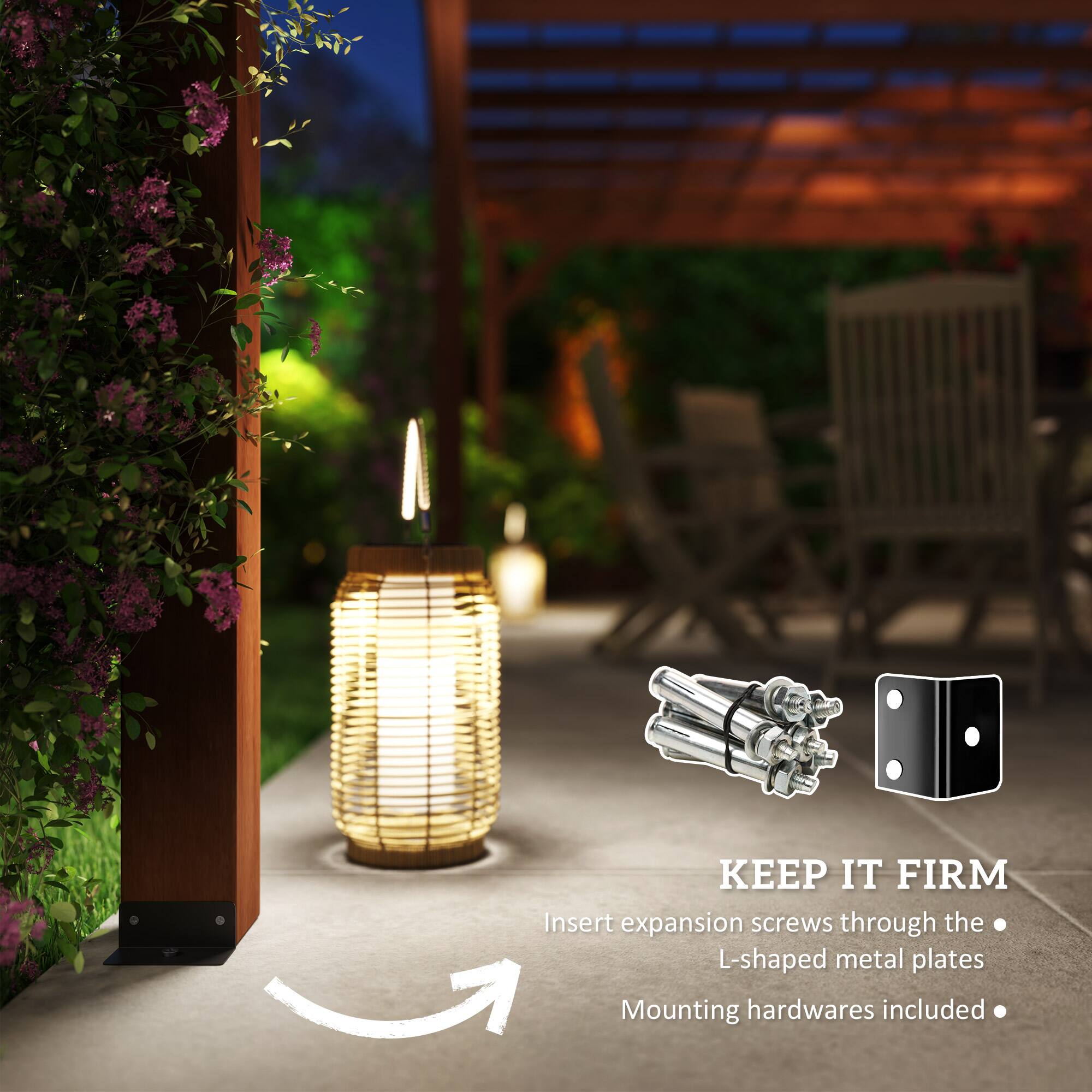 KEEP IT FIRM
Insert expansion screws through the L-shaped metal plates
Mounting hardwares included