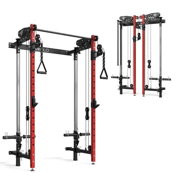 Mikolo - Foldable Power Rack Cage,1000lbs Capacity Wall Mounted Squat Rack with independent pulley system - Red