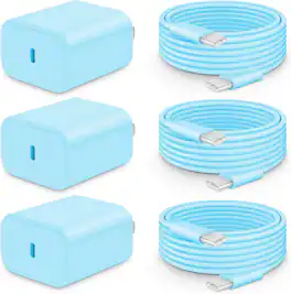 Bundle - Core Tech - 3-Pack 20W USB-C Fast Wall Chargers with 6 ft USB-C to USB-C Cables for iPhone 18/17/16/15 - Blue - Blue